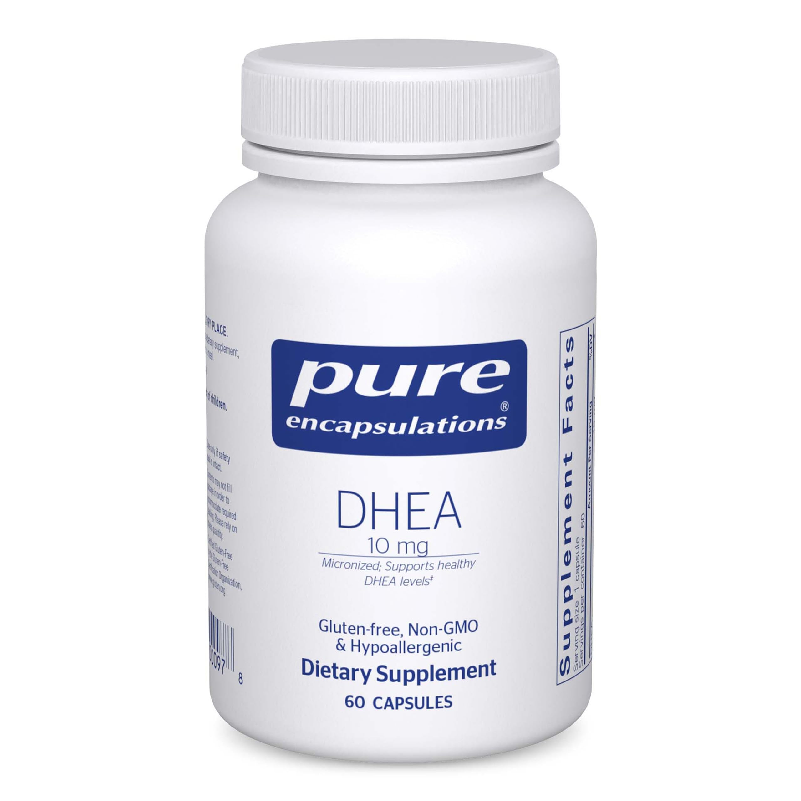 Pure Encapsulations DHEA 10 mg en cápsulas, envase visible, apoyo hormonal equilibrado.