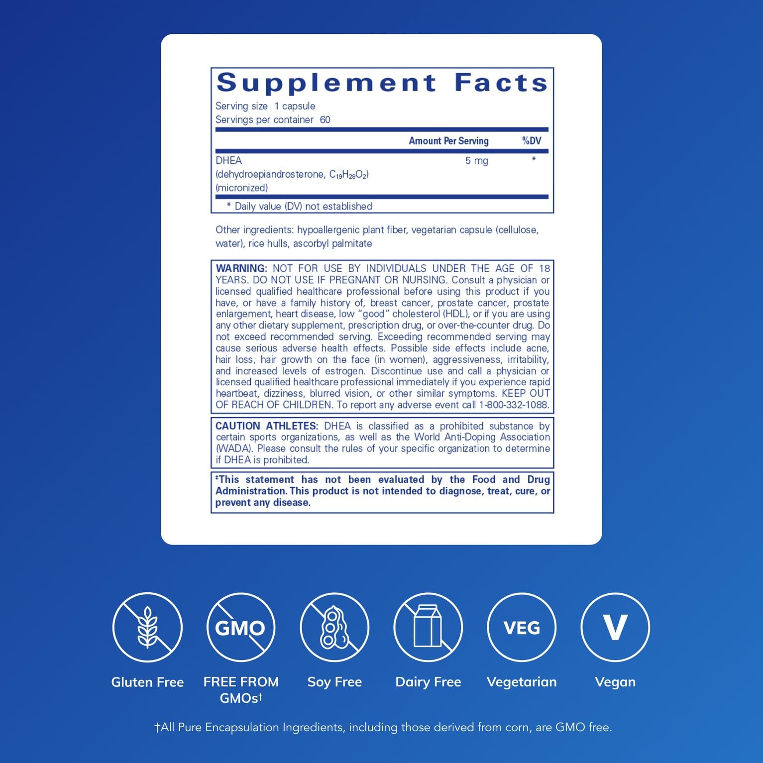 Pure Encapsulations DHEA 5 mg: envase que destaca pureza y calidad vegana