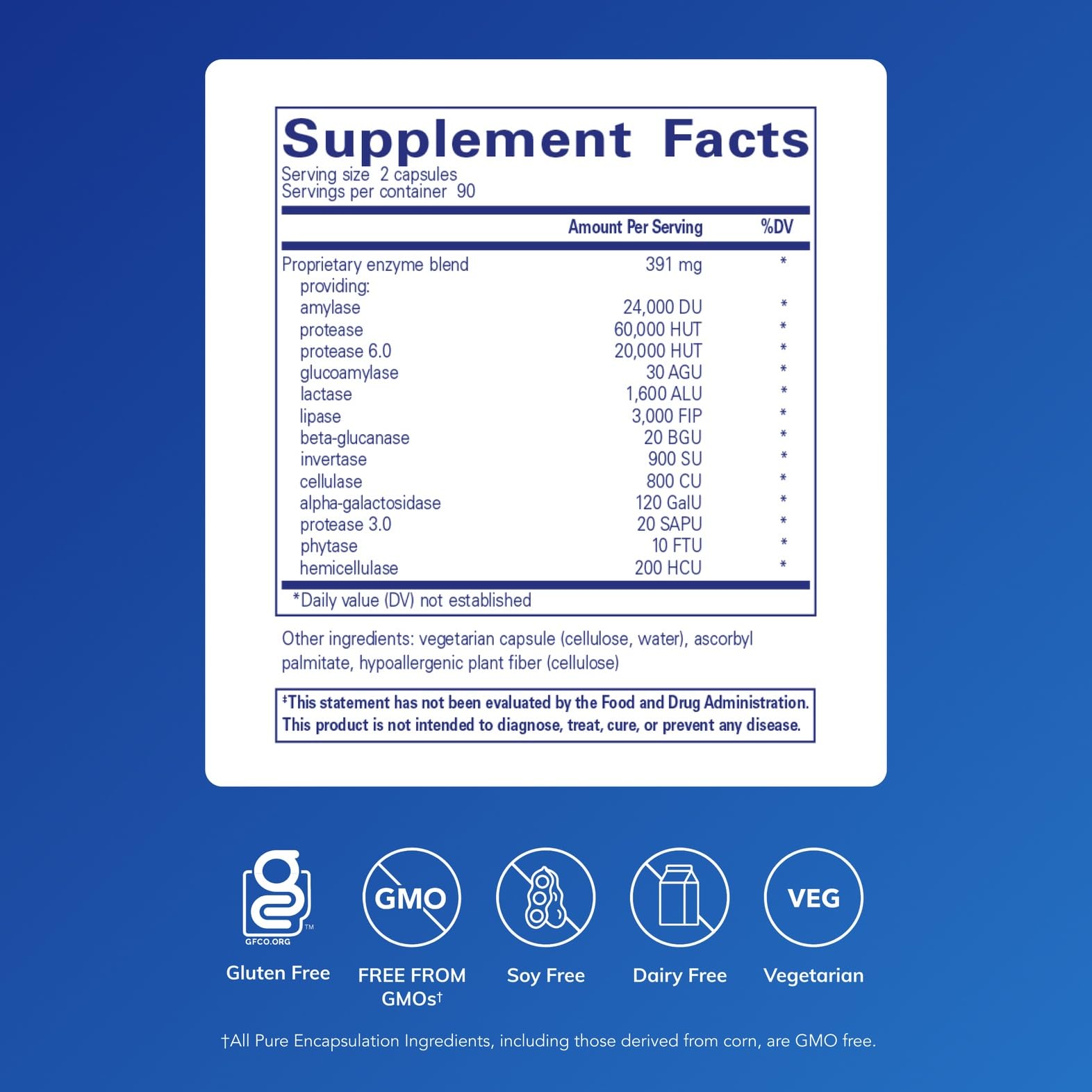 Pure Encapsulations Digestive Enzymes Ultra, etiqueta frontal mostrando ingredientes vegetales para absorción