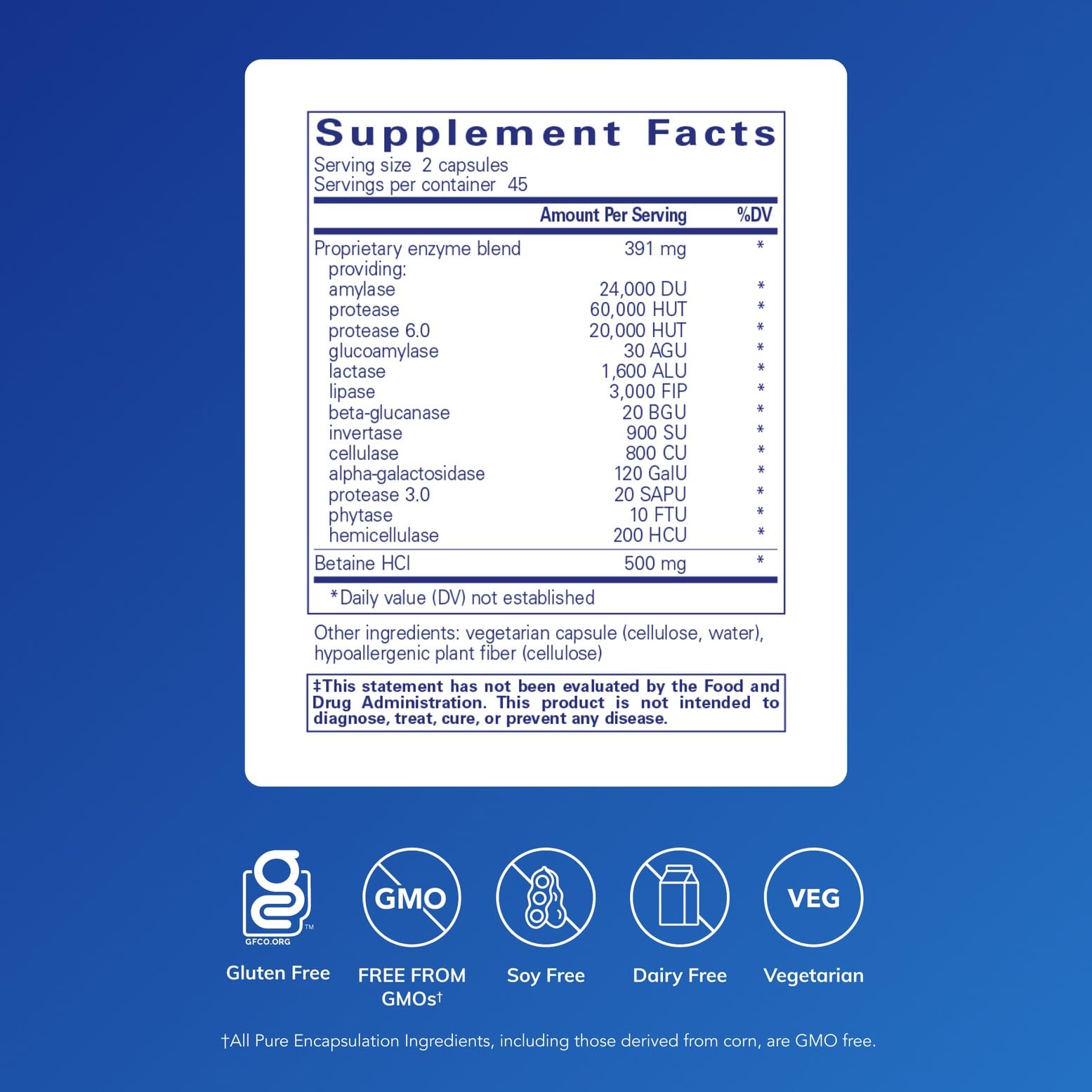 Pure Encapsulations Digestive Enzymes Ultra, etiqueta frontal clara para uso diario