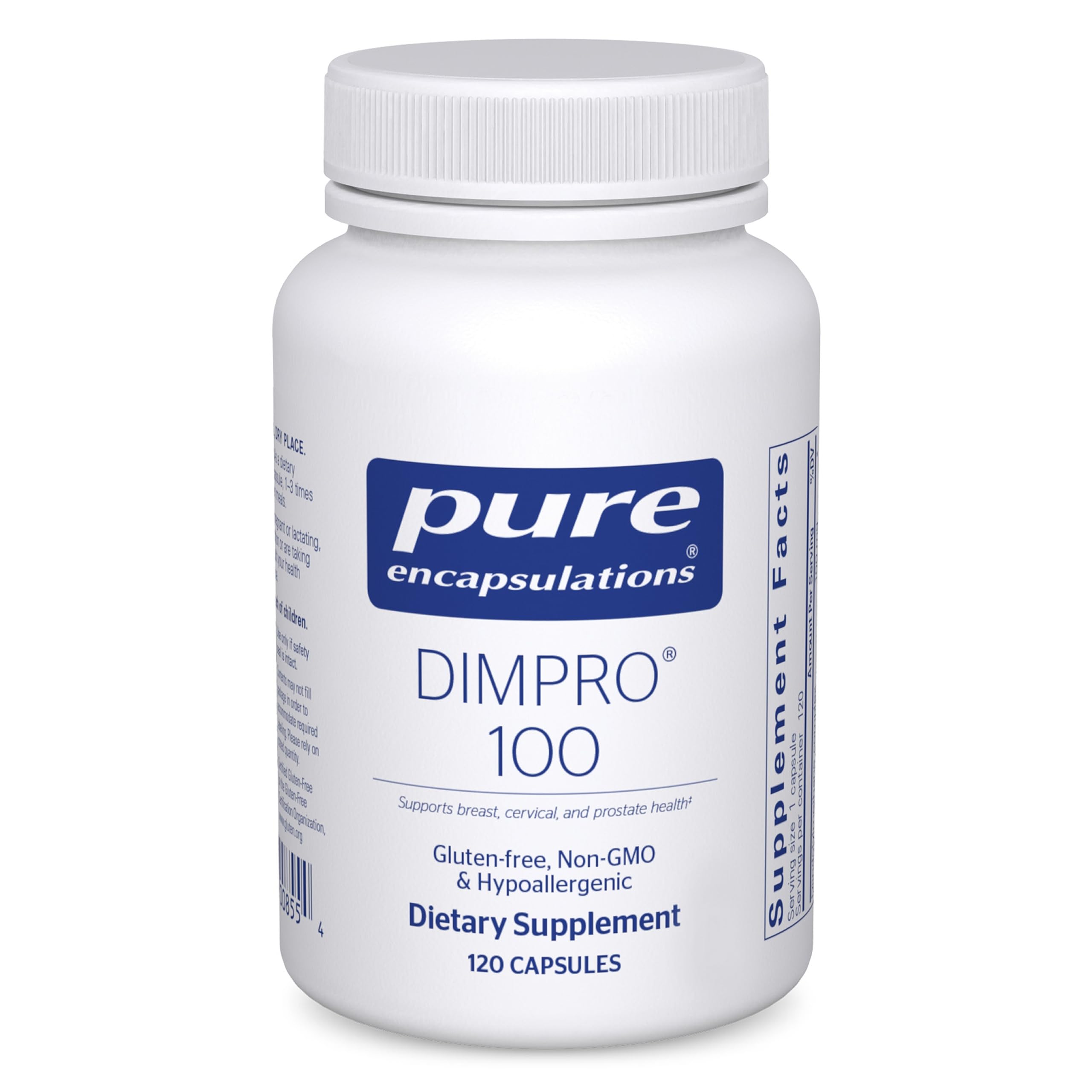 Pure Encapsulations DIMPRO 100, botella de cápsulas frontal, posible apoyo a la salud hormonal diaria.