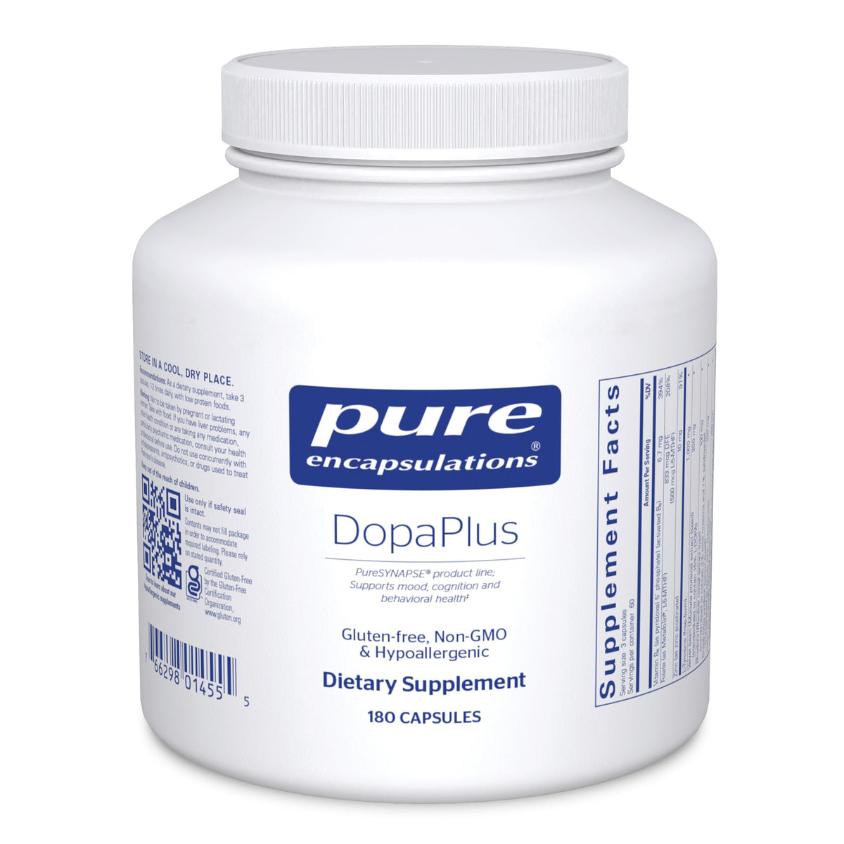DopaPlus de Pure Encapsulations en botella para apoyo diario de la función cerebral.
