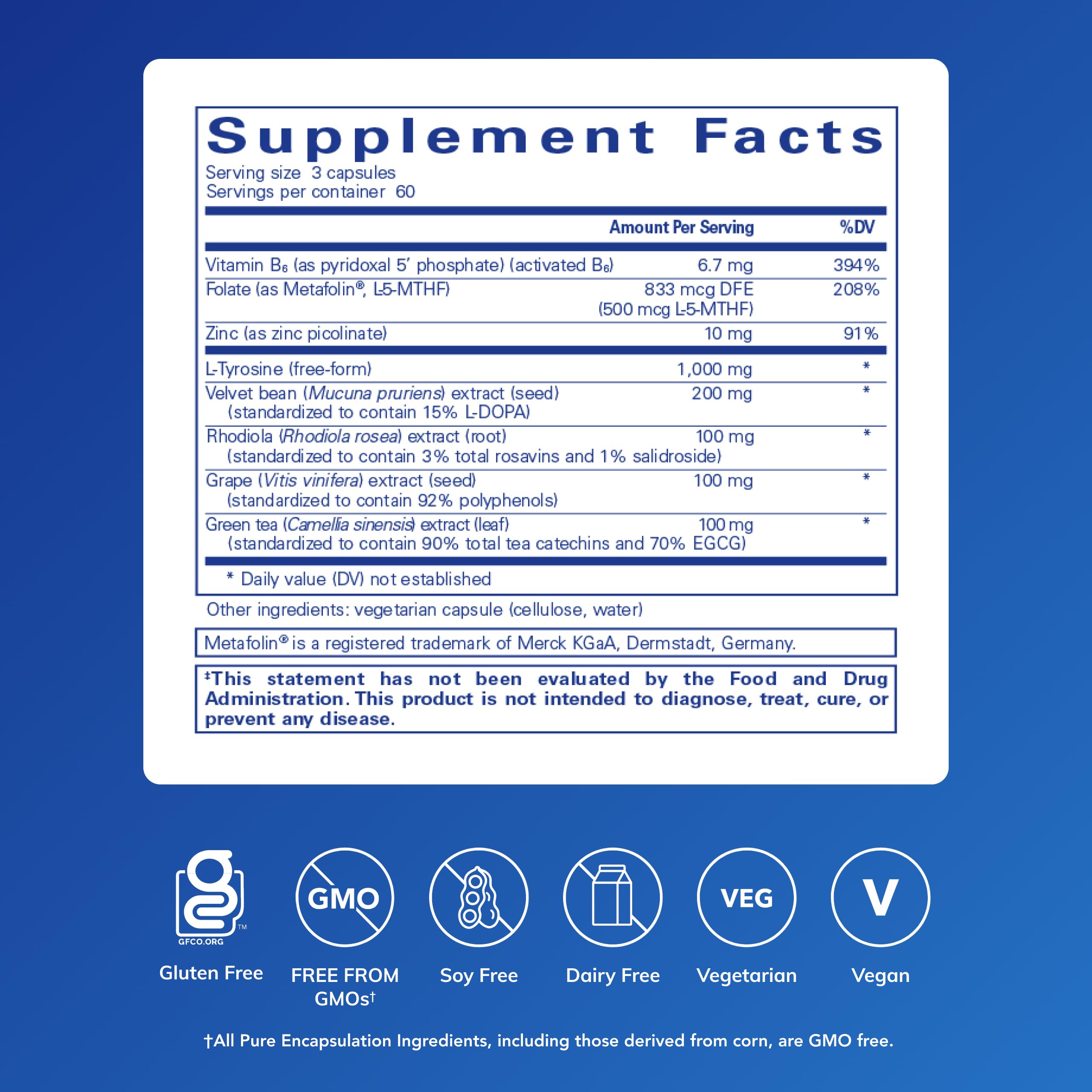 Capsulas de DopaPlus de Pure Encapsulations para soporte diario de neurotransmisores.