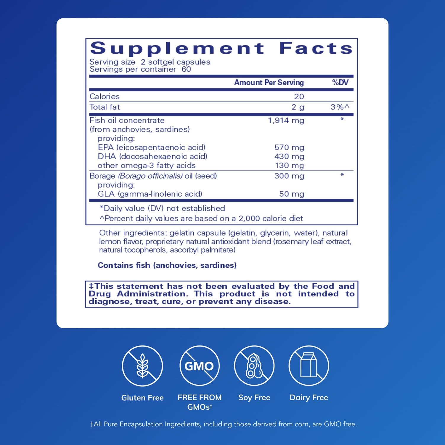 Pure Encapsulations EFA Essentials, etiqueta frontal: claro sobre los ingredientes.