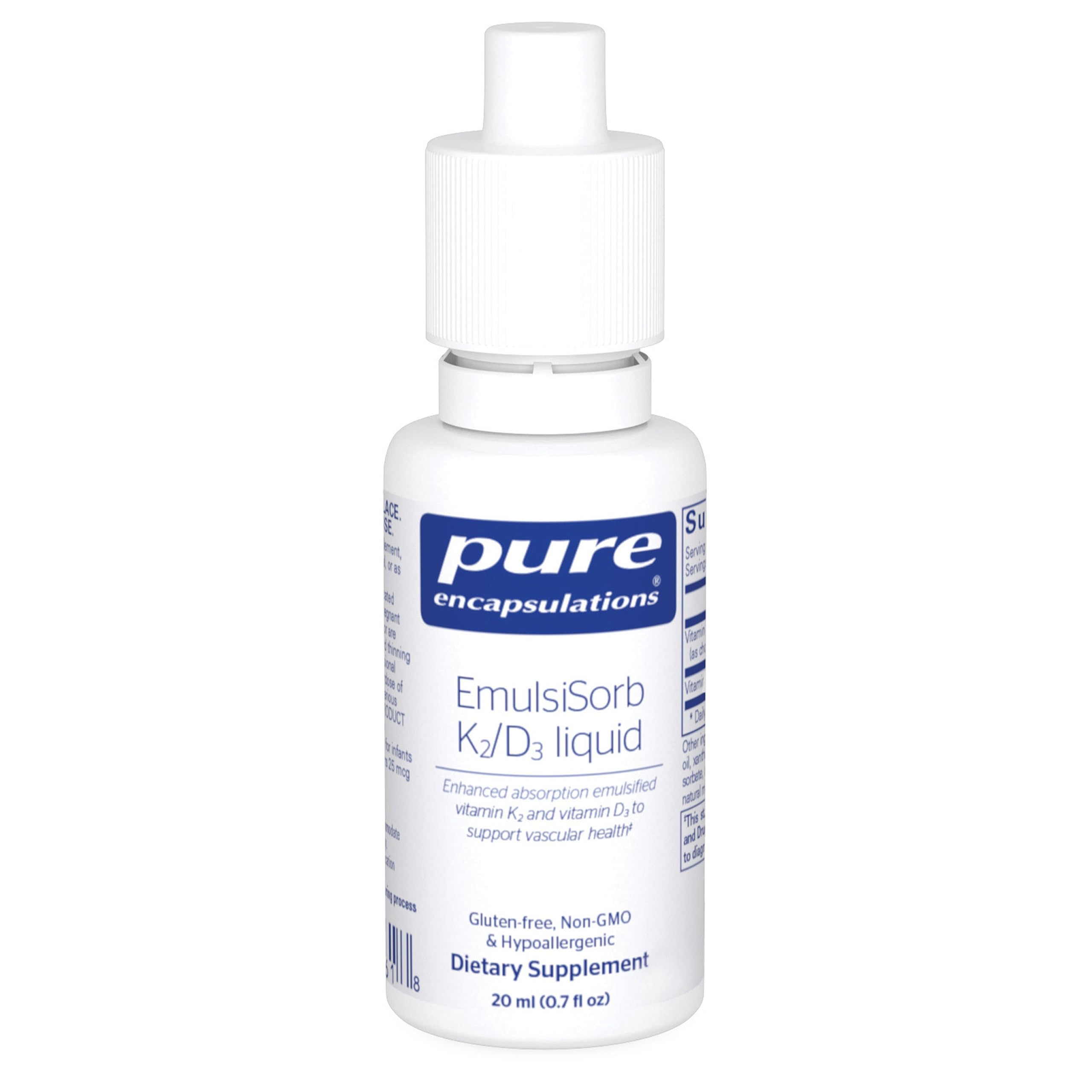 Pure Encapsulations EmulsiSorb K2/D3, botella con gotero para uso diario y soporte vascular