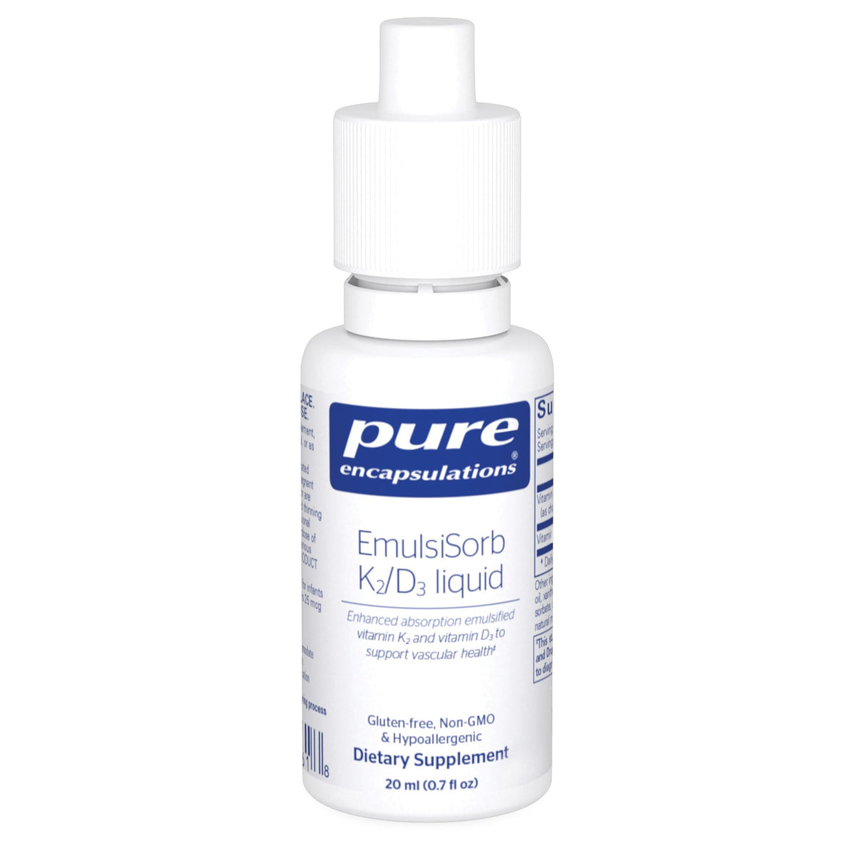 Pure Encapsulations EmulsiSorb K2/D3, botella con gotero para uso diario y soporte vascular