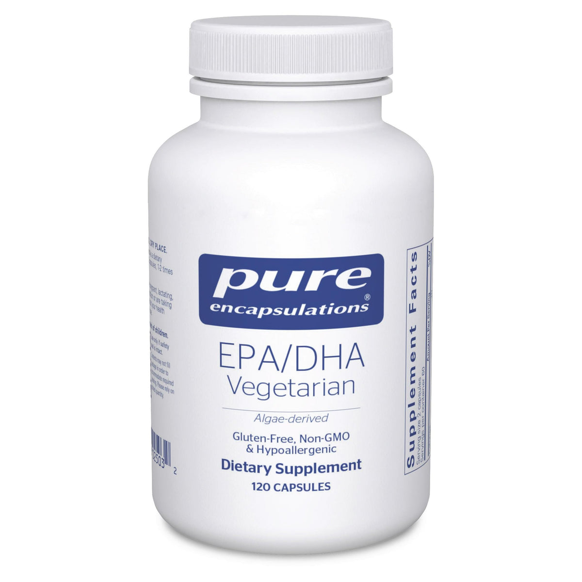 Pure Encapsulations EPA/DHA de algas, cápsulas en botella, posible apoyo a la salud cardiovascular diaria.