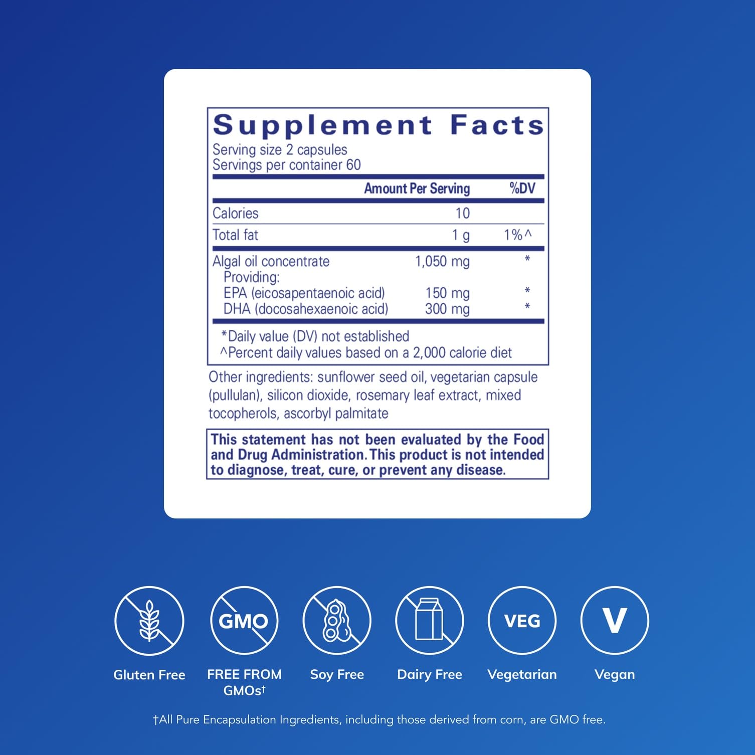 Etiqueta frontal de Pure Encapsulations EPA/DHA de algas, promueve bienestar general.