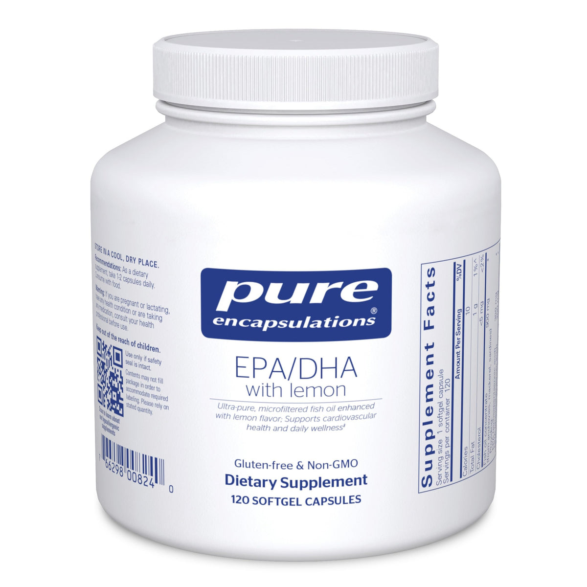 Pure Encapsulations EPA/DHA con limón en botella, posible apoyo a la salud cardiovascular.