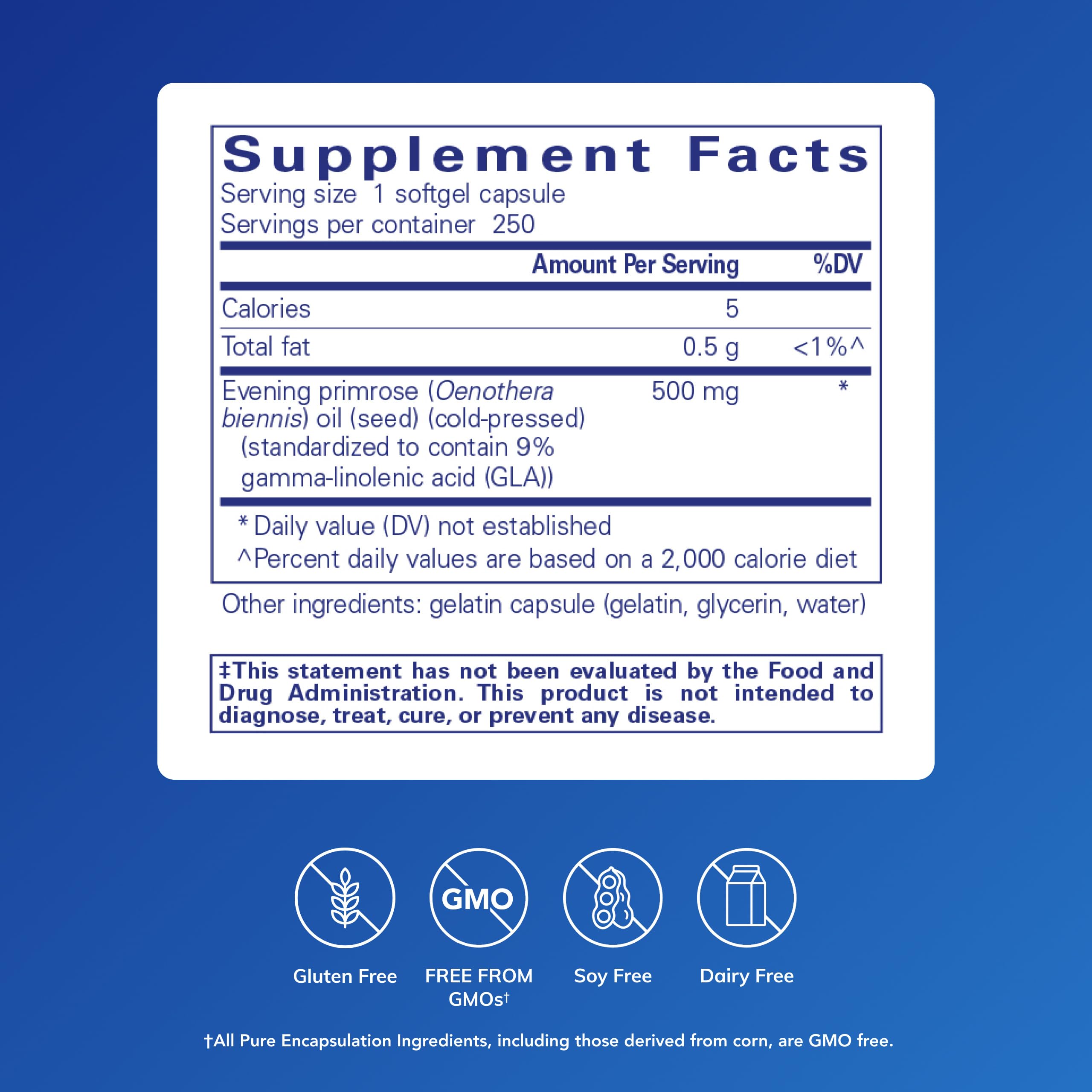 Pure Encapsulations E.P.O. frasco de 250 cápsulas blandas para uso diario.