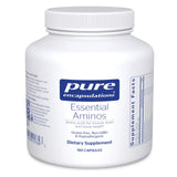 Pure Encapsulations Essential Amino Acids bottle label highlights a pure formula supporting muscle recovery and brain health