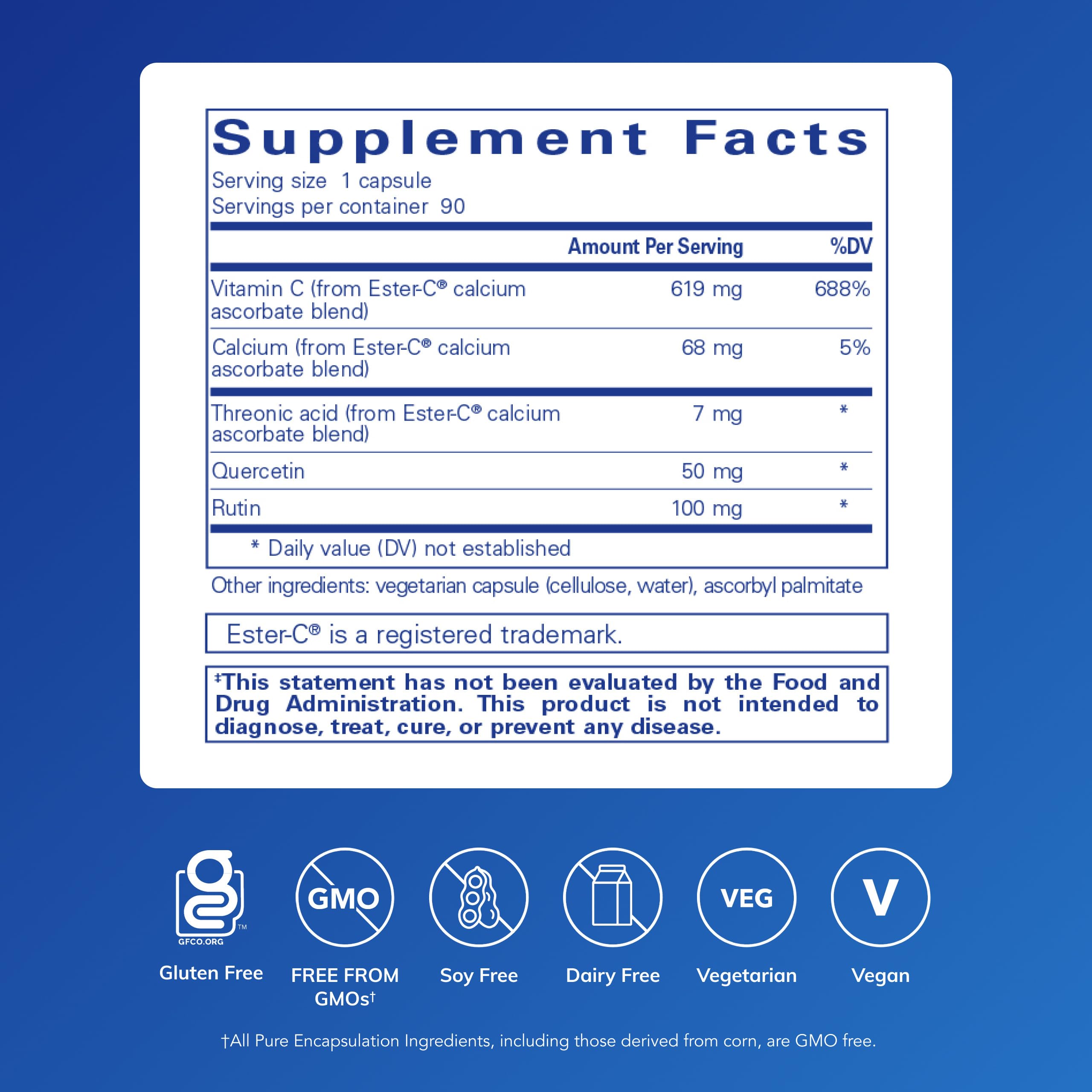 Pure Encapsulations Ester-C y Flavonoides, etiqueta frontal destacando ingredientes clave y beneficios