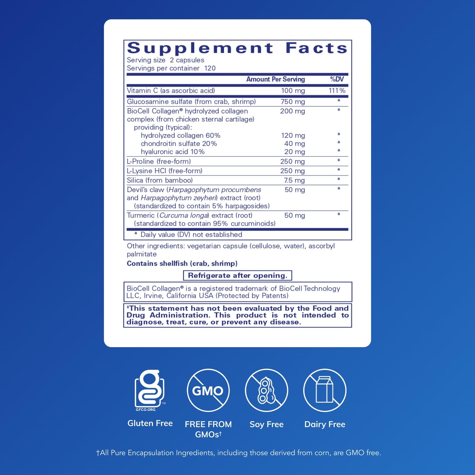 Pure Encapsulations Ligament Restore: etiqueta del producto detallando ingredientes clave.