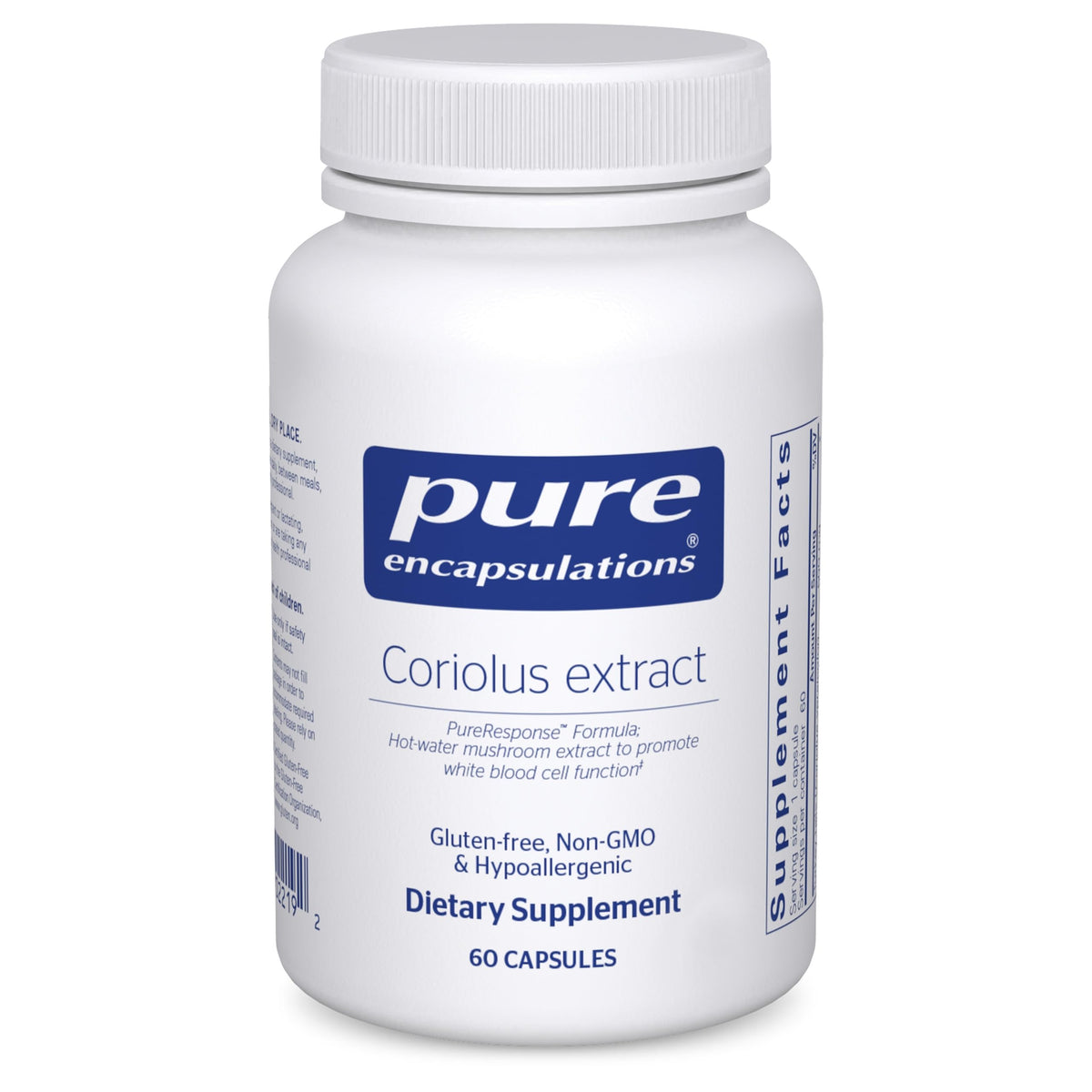 Pure Encapsulations Extracto de Coriolus, botella de 60 cápsulas, posible apoyo a la función de glóbulos blancos.