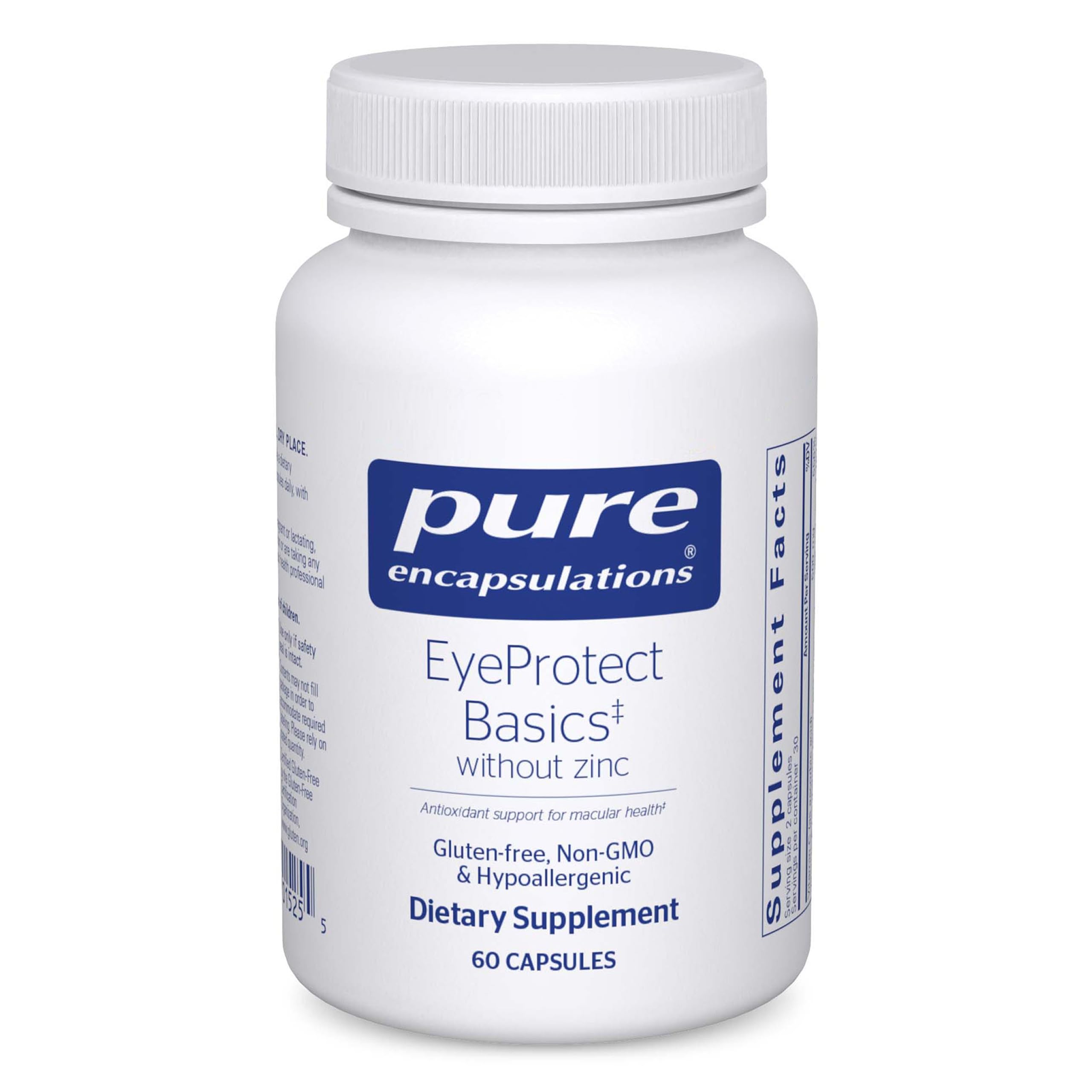 EyeProtect Basics de Pure Encapsulations, botella con 60 cápsulas para apoyo ocular diario.