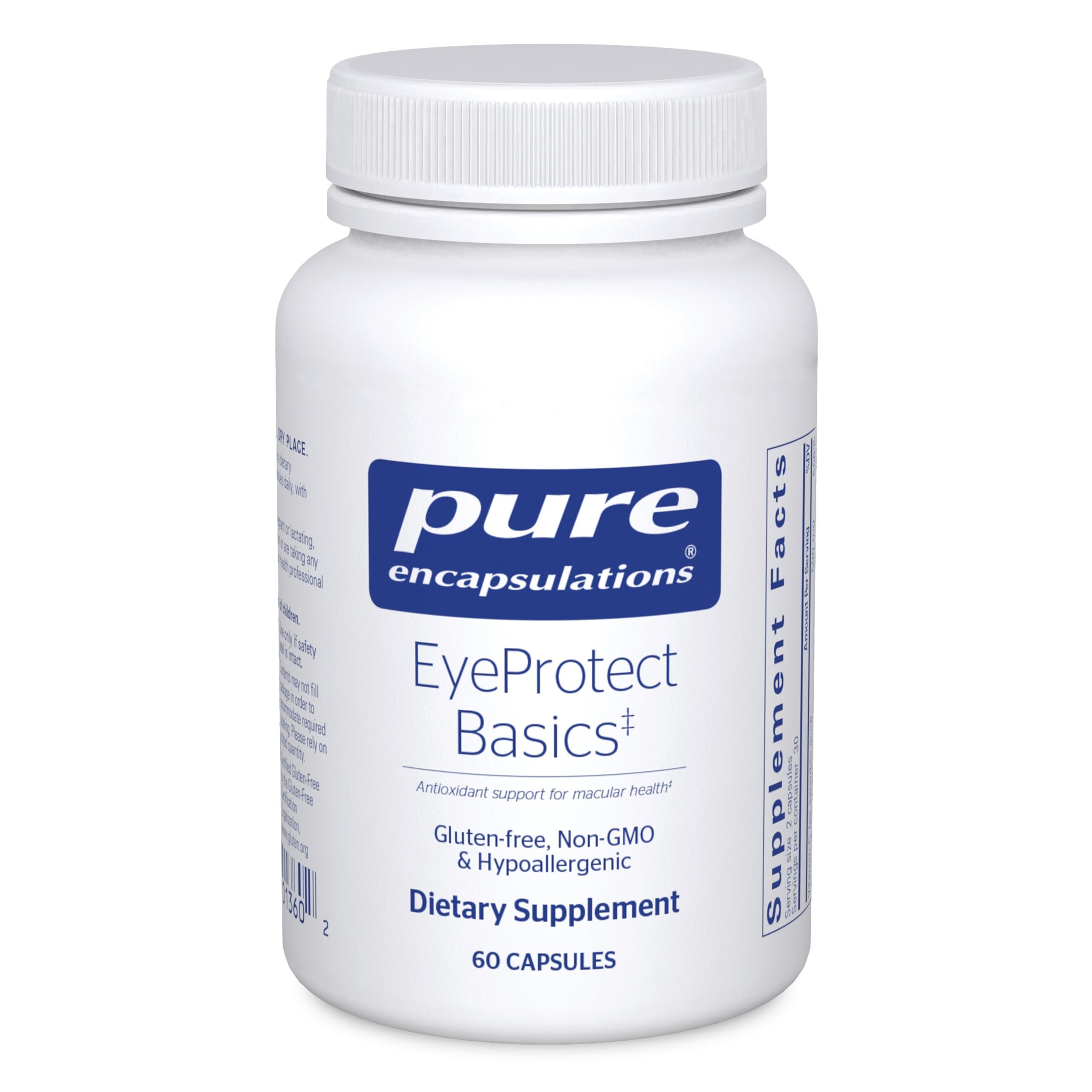 EyeProtect Basics de Pure Encapsulations en botella, soporte antioxidante para la salud ocular.
