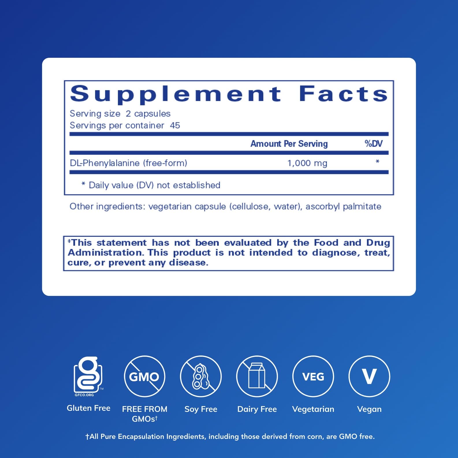 Pure Encapsulations fenilalanina DL botella: dosis diaria para uso práctico.