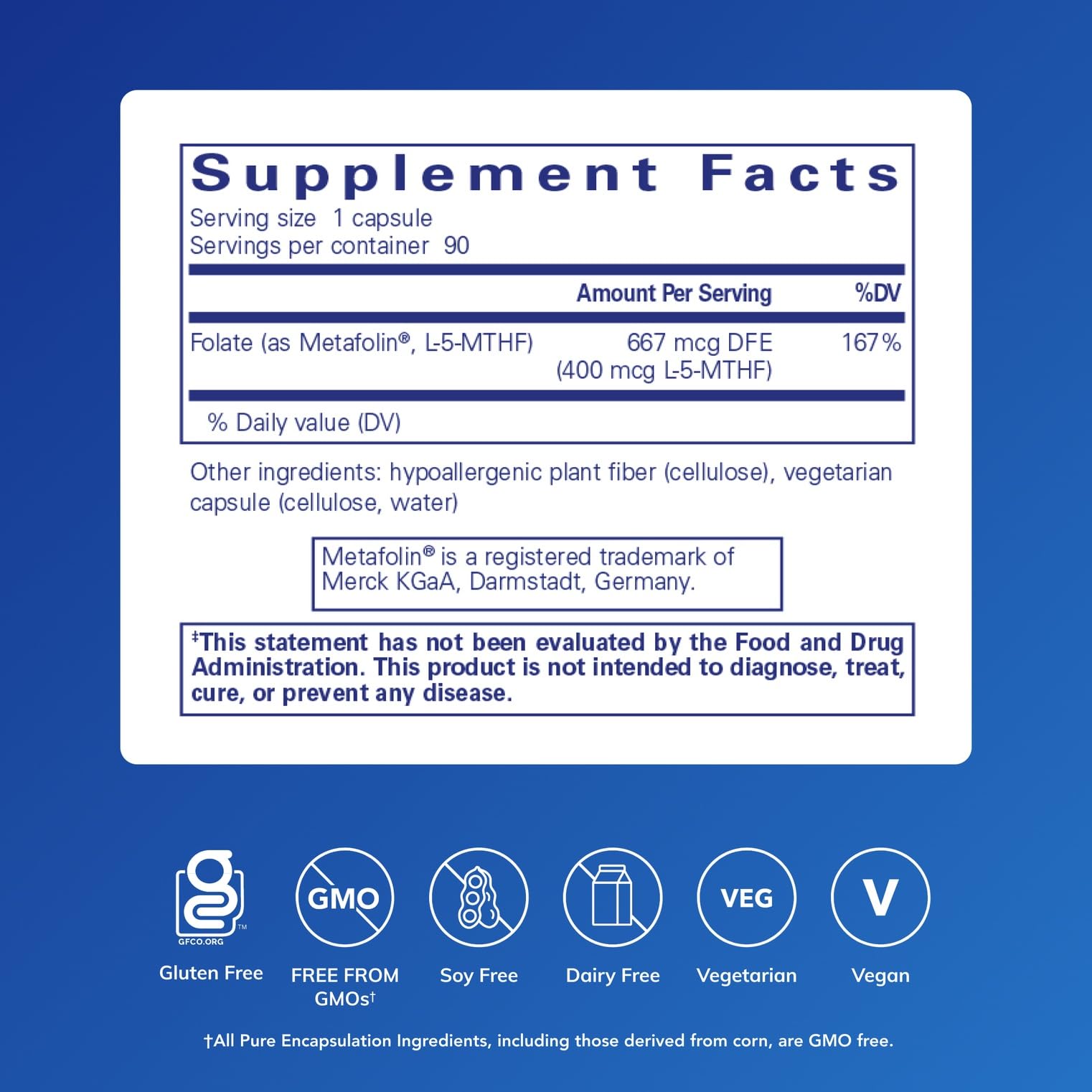 Pure Encapsulations Folato 400 Metafolin botella de suplemento.