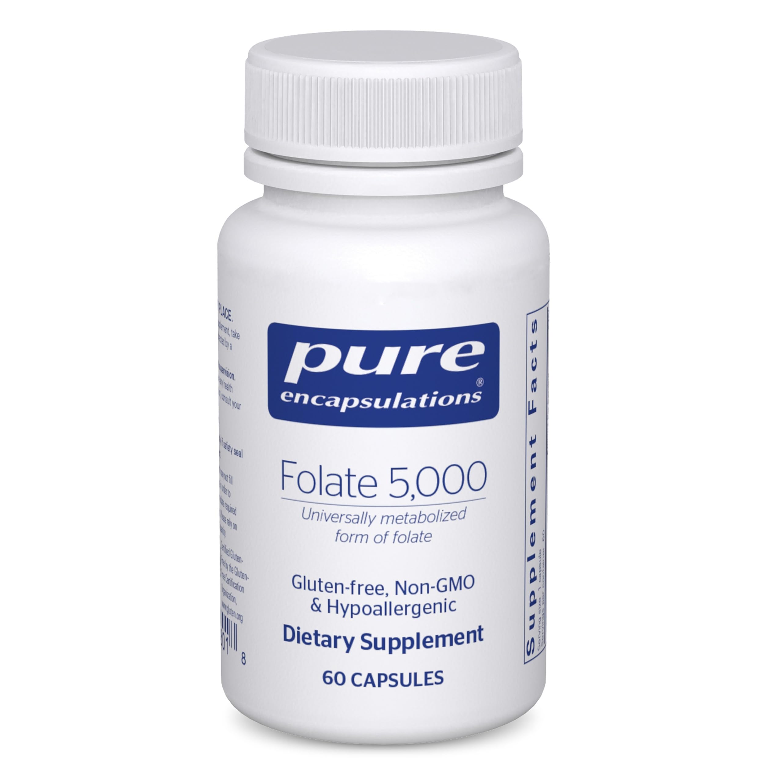 Pure Encapsulations Folato 5,000, vista frontal de la botella para apoyo nutricional diario.