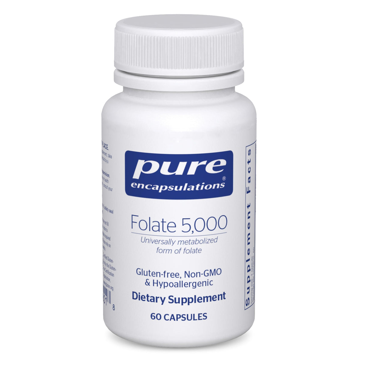 Pure Encapsulations Folato 5,000, vista frontal de la botella para apoyo nutricional diario.