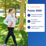 Etiqueta de empaque de Folato 5,000 de Pure Encapsulations, muestra pureza y ausencia de alérgenos.