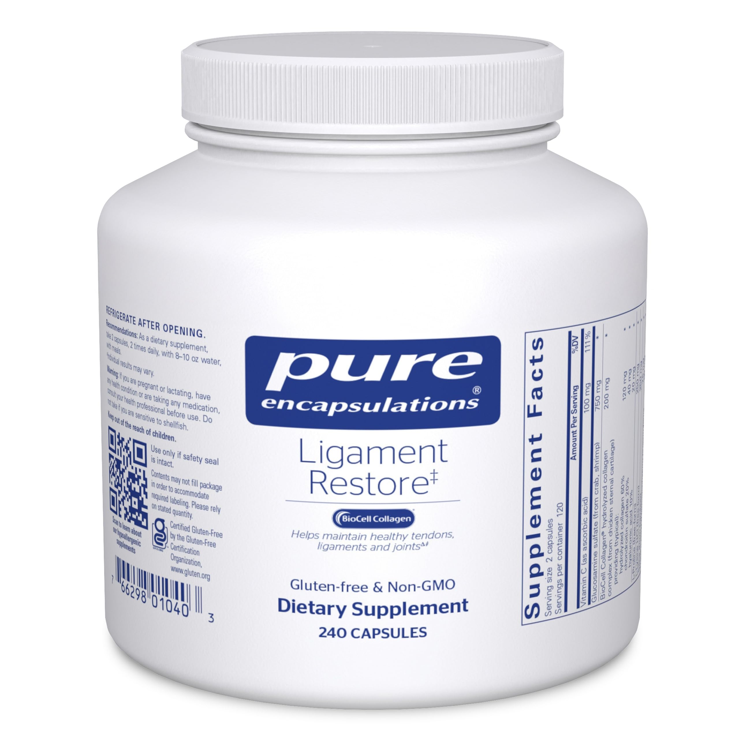Pure Encapsulations Ligament Restore: frasco de cápsulas para apoyar tendones y articulaciones.