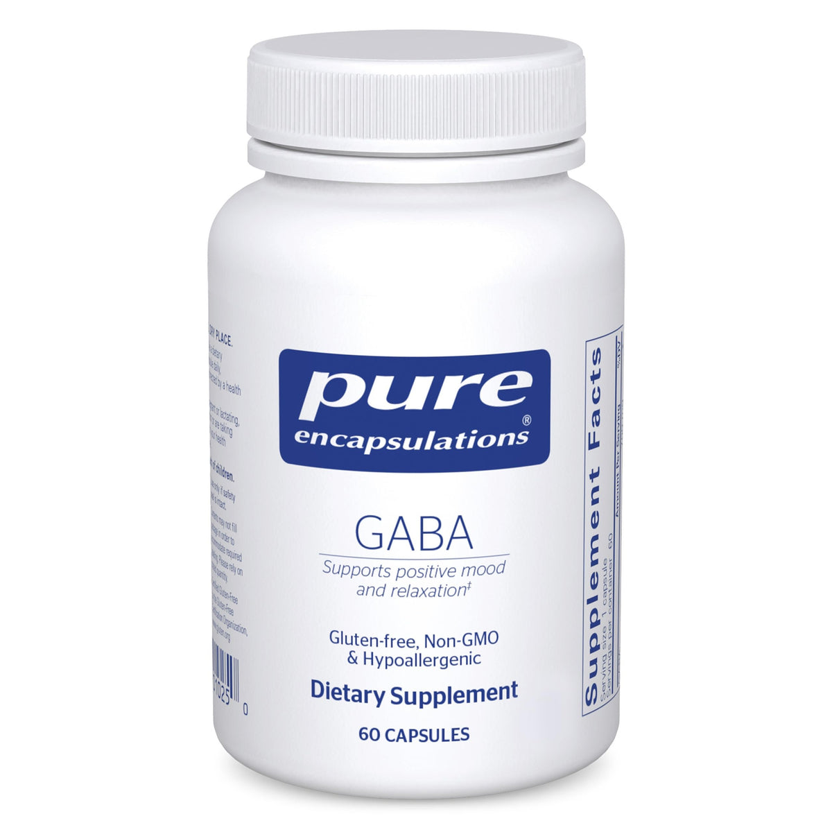 Pure Encapsulations GABA, botella de cápsulas para relajación diaria.