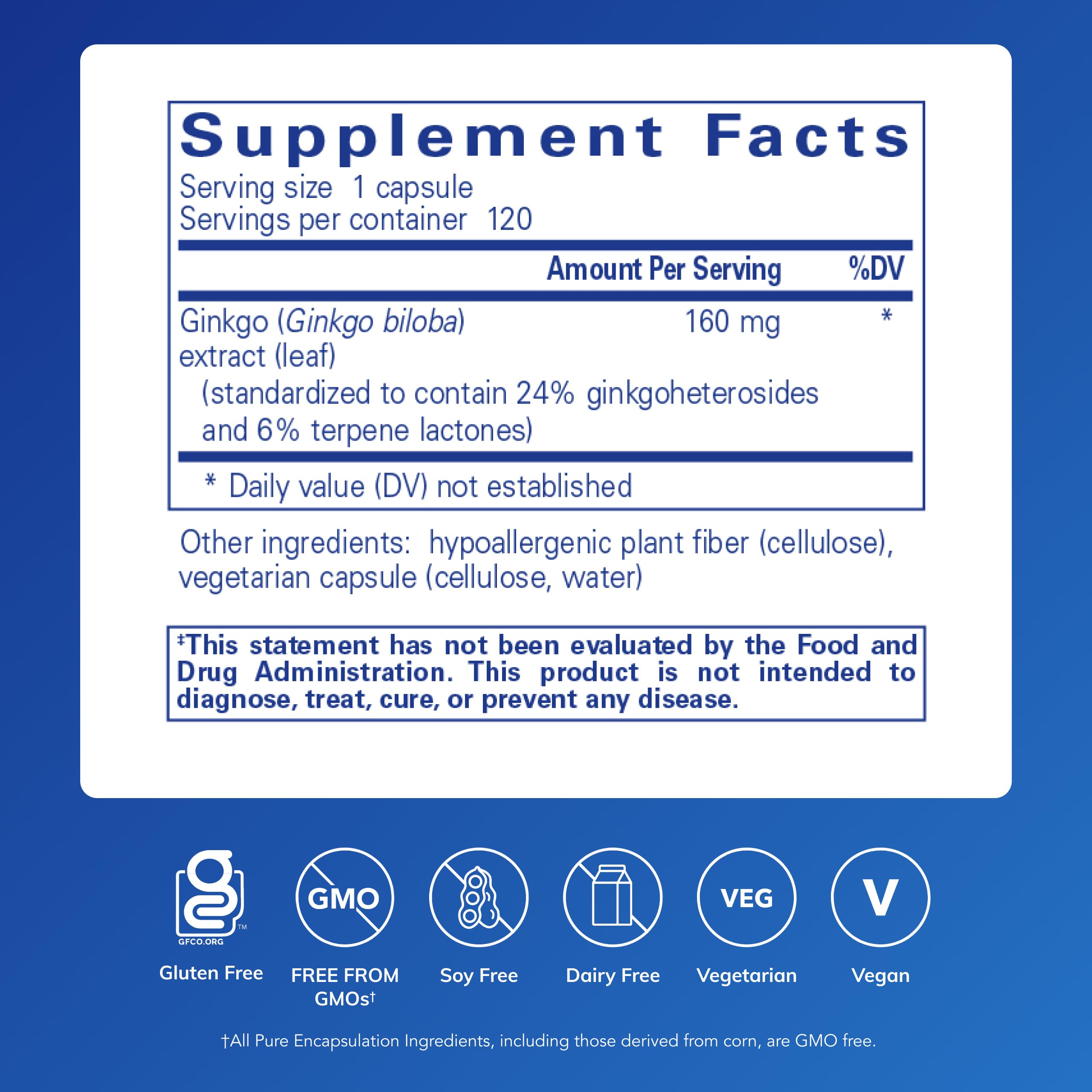 Pure Encapsulations Ginkgo 50 160 mg, cápsulas en frasco que promueven la circulación saludable