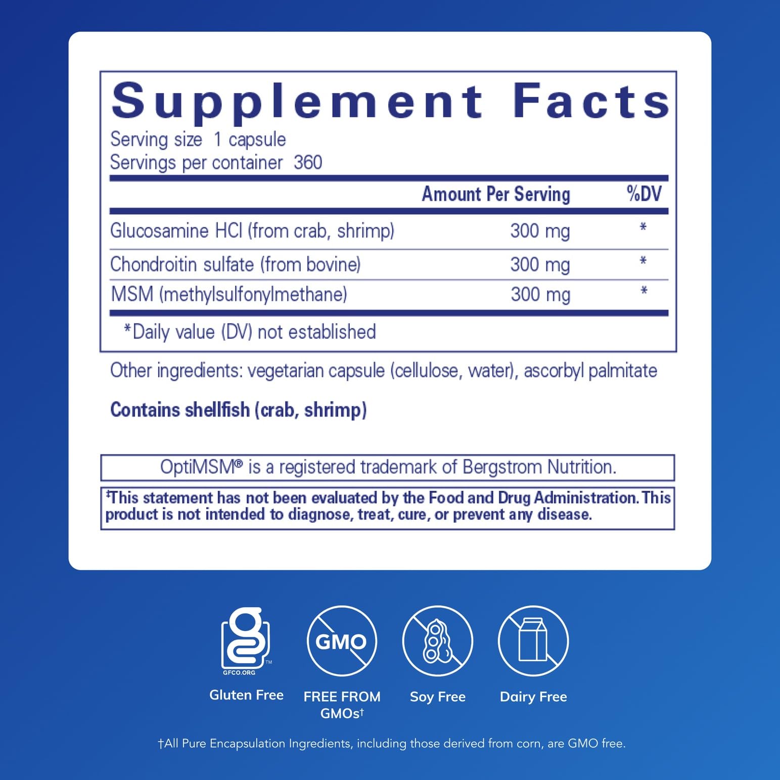 Pure Encapsulations Glucosamina con MSM: envase de 360 cápsulas para consumo prolongado.