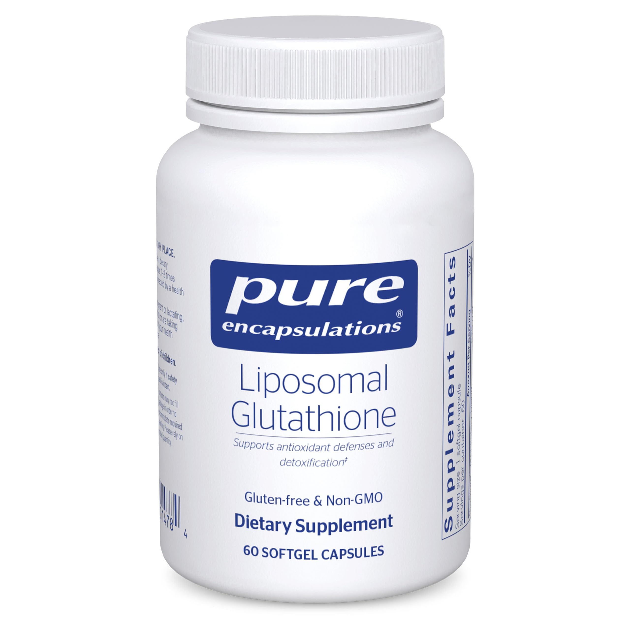 Pure Encapsulations glutatión liposomal en botella, soporte antioxidante para la salud celular.