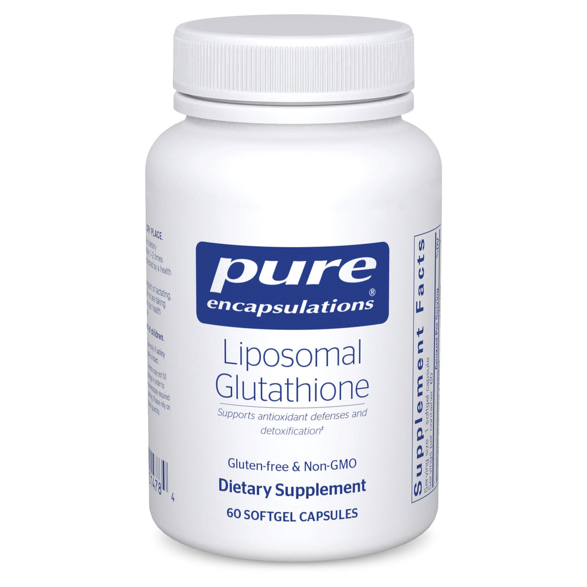 Pure Encapsulations glutatión liposomal en botella, soporte antioxidante para la salud celular.