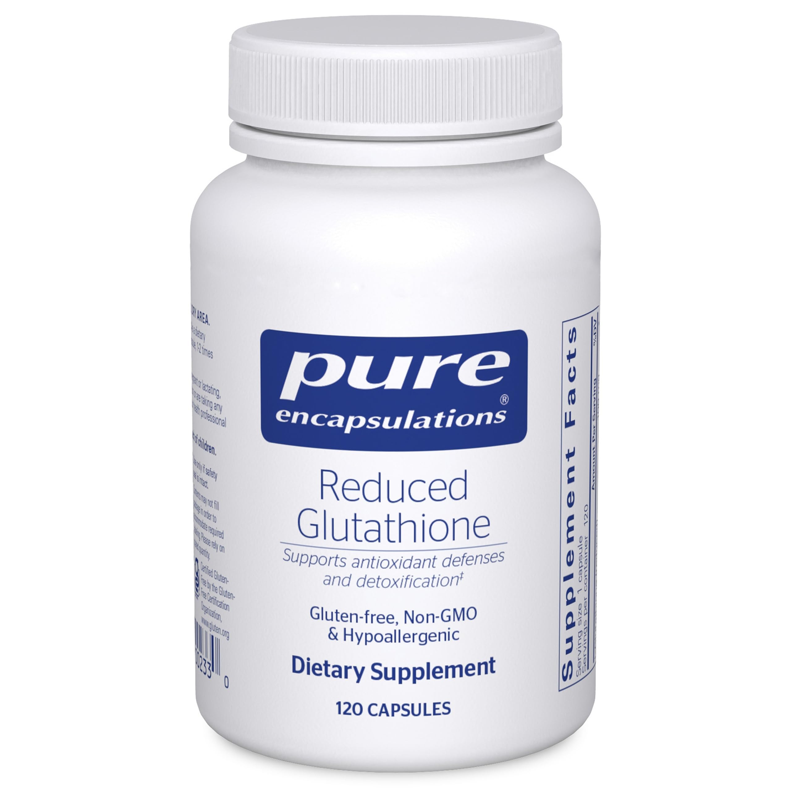 Pure Encapsulations Glutatión reducido, frasco para apoyo antioxidante diario.