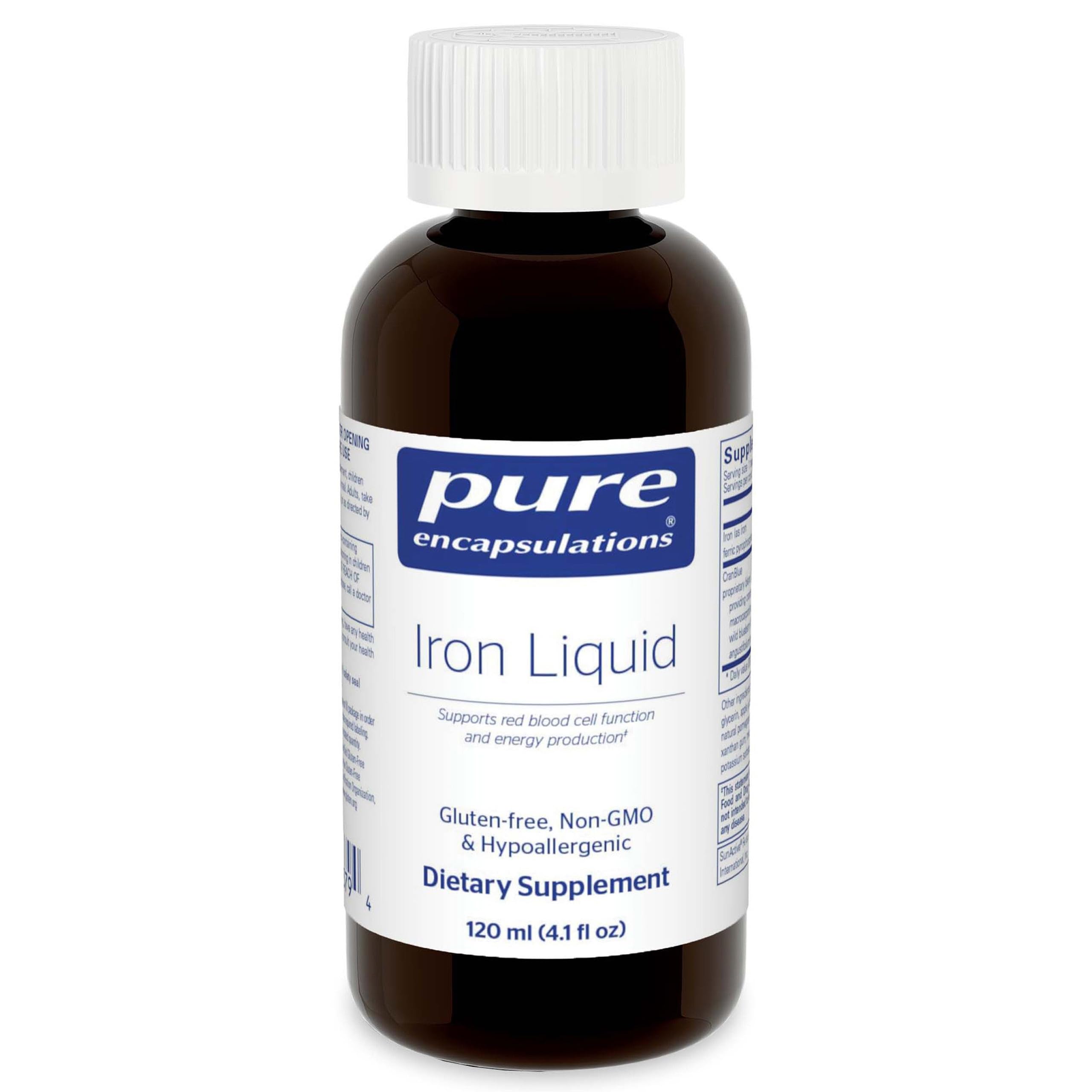 Pure Encapsulations Hierro líquido, botella frontal para uso diario.