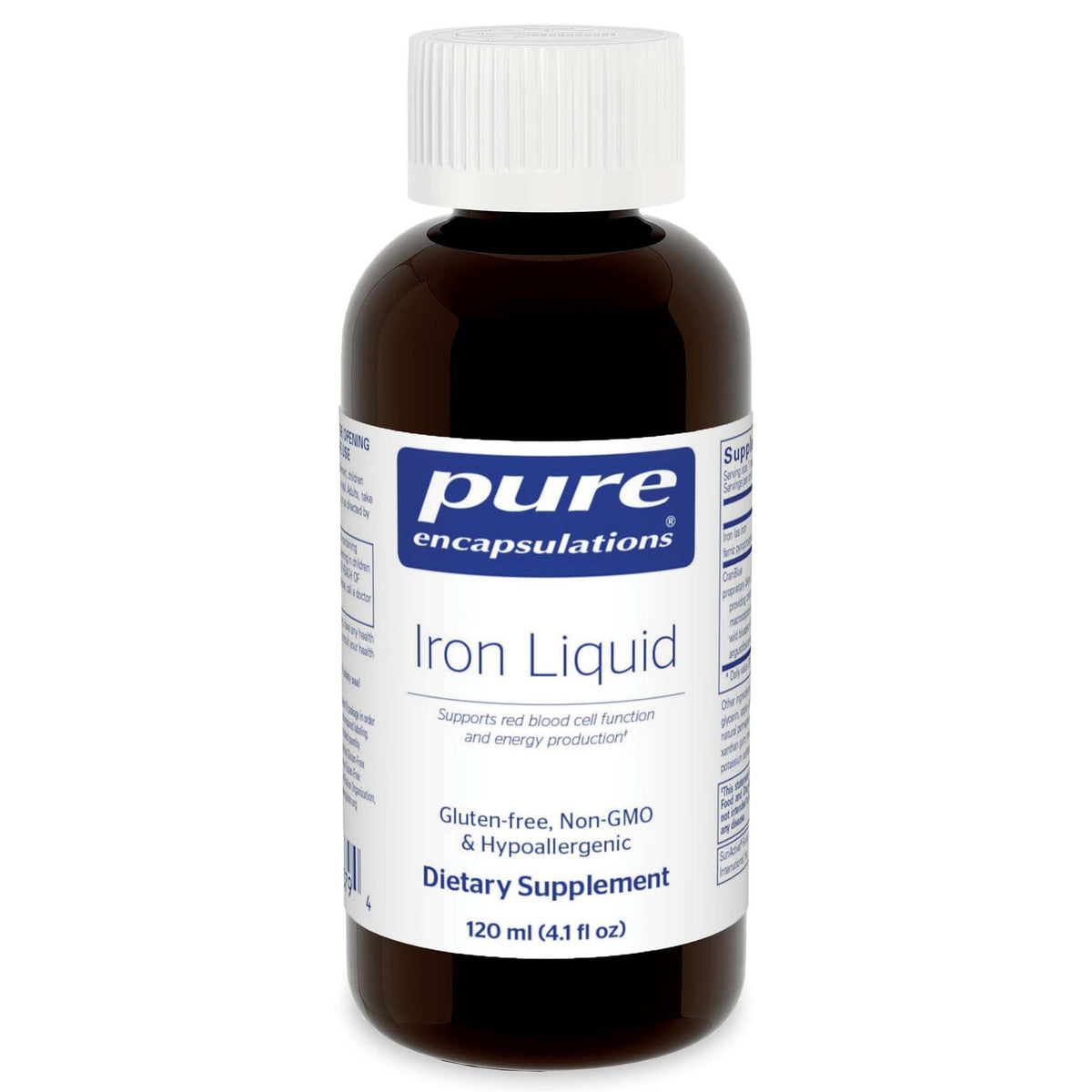 Pure Encapsulations Hierro líquido, botella frontal para uso diario.