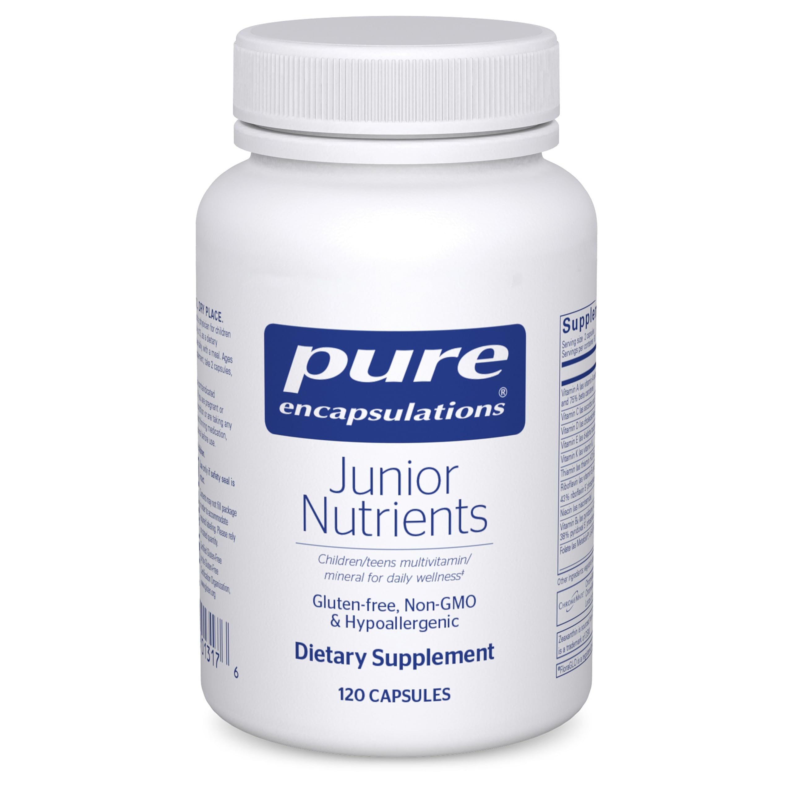 Pure Encapsulations Junior Nutrients, envase y etiqueta visibles, apoyo diario para crecimiento y energía.