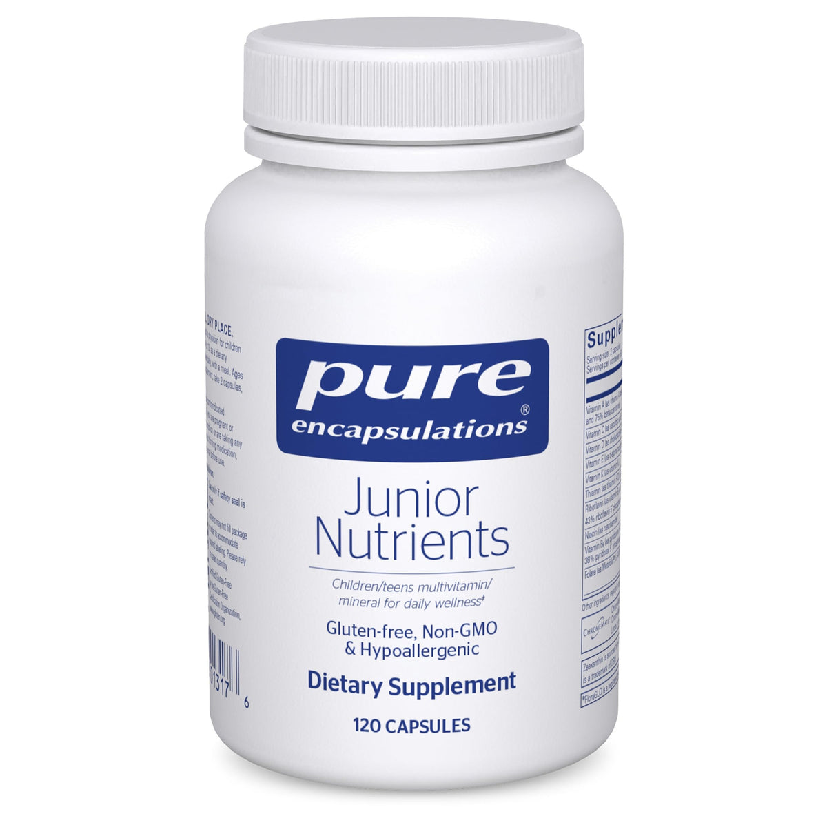 Pure Encapsulations Junior Nutrients, envase y etiqueta visibles, apoyo diario para crecimiento y energía.