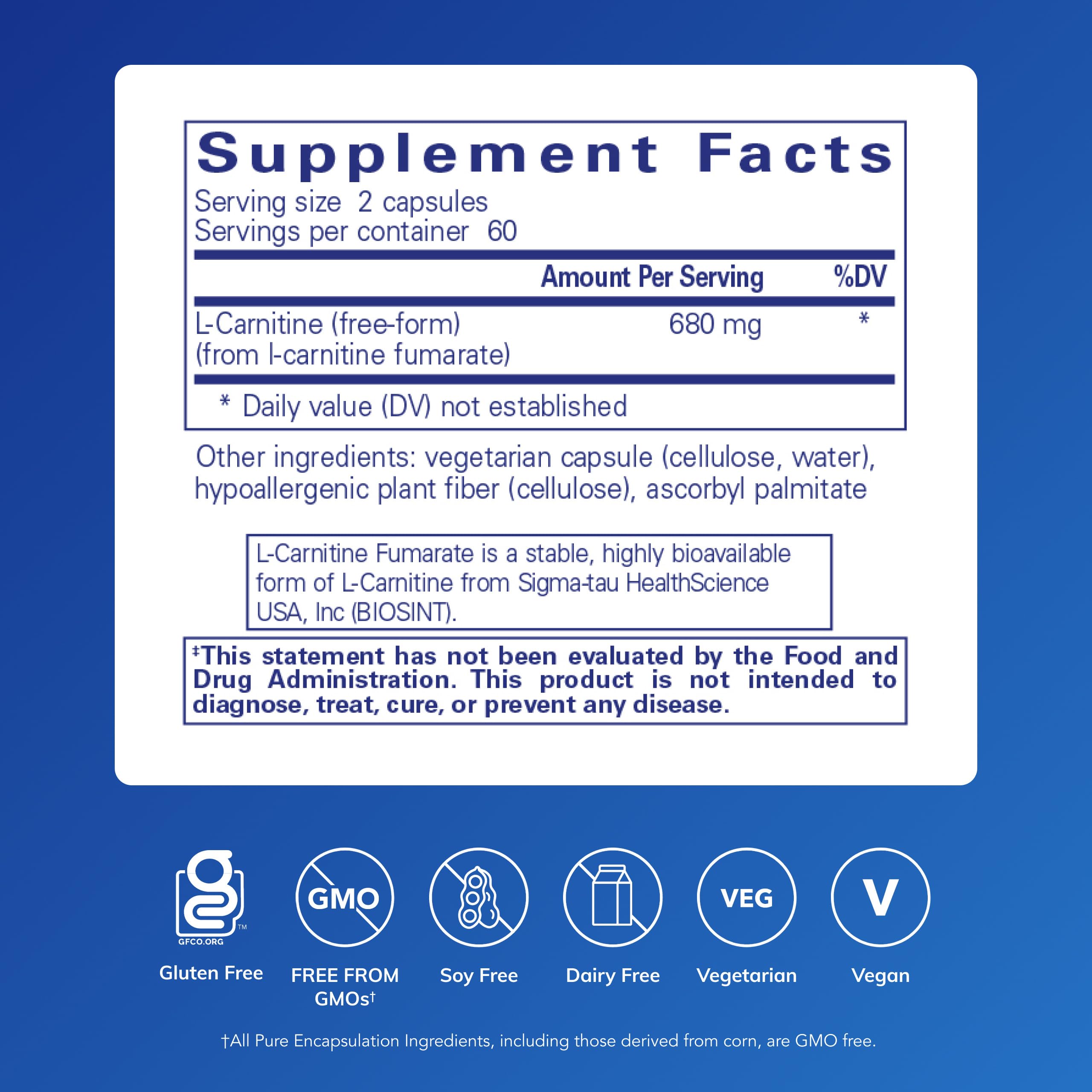 Pure Encapsulations L-Carnitina Fumarato: etiqueta clara y energía sostenida