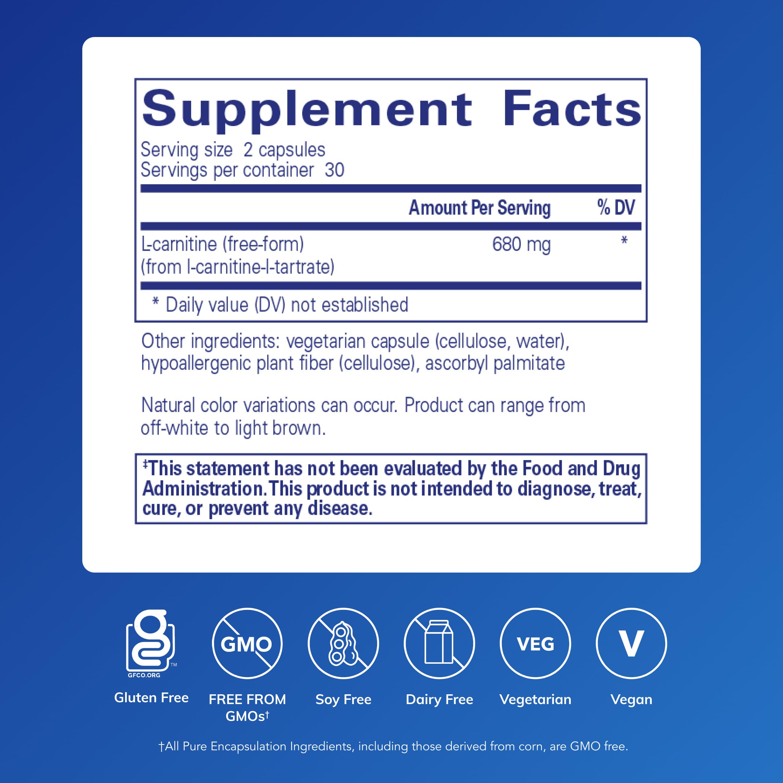 L-Carnitina de Pure Encapsulations cápsulas en primer plano, formato hipoalergénico para atletas.
