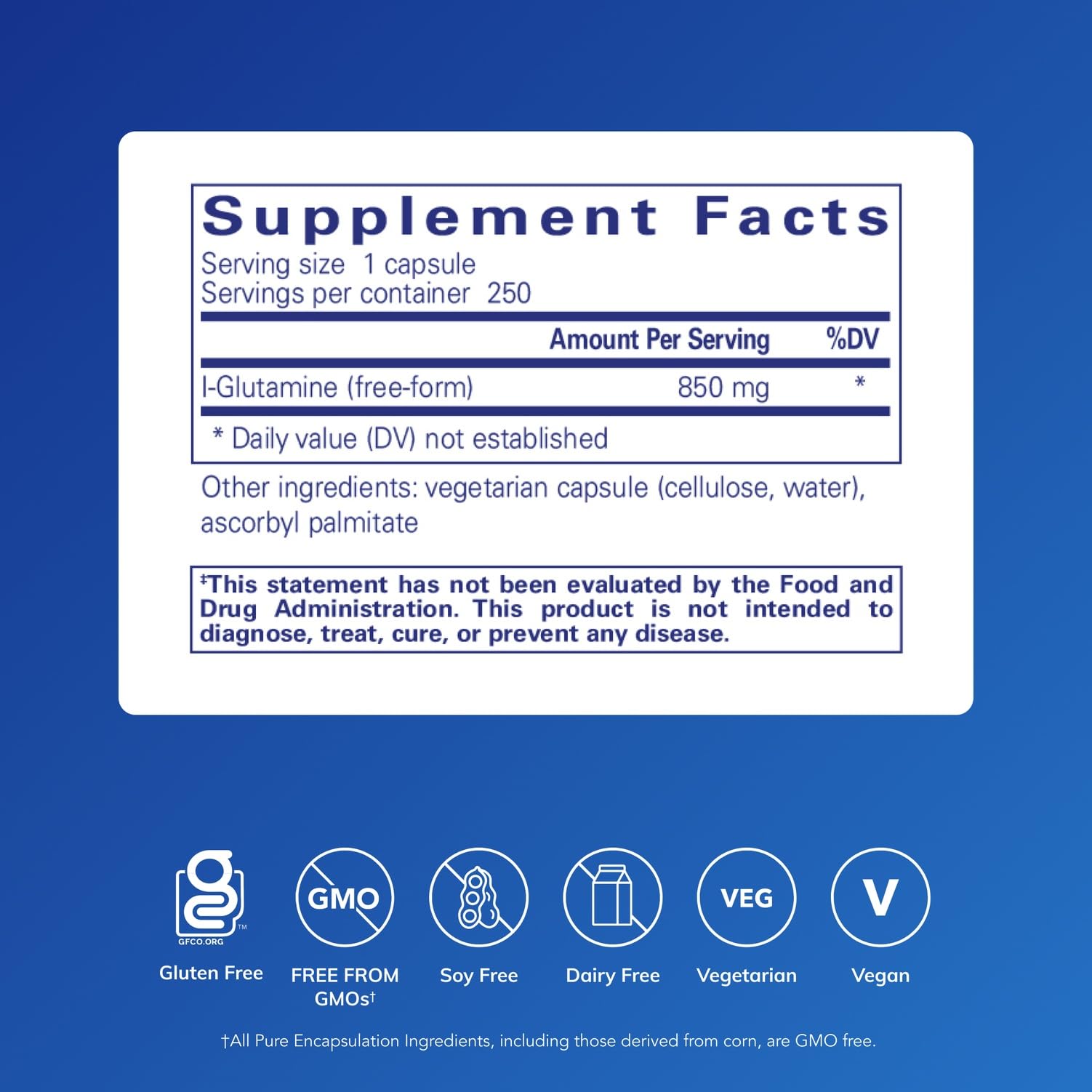 Etiqueta de Pure Encapsulations L-Glutamina 850 mg, diseño claro y confiable.