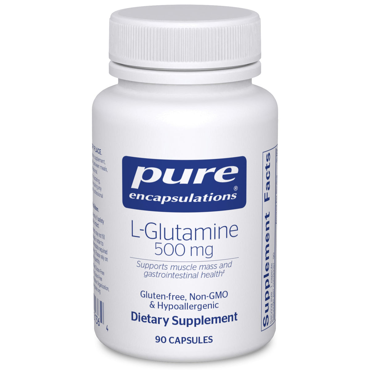 Pure Encapsulations L-Glutamine 500 mg: botella mostrando apoyo digestivo potencial
