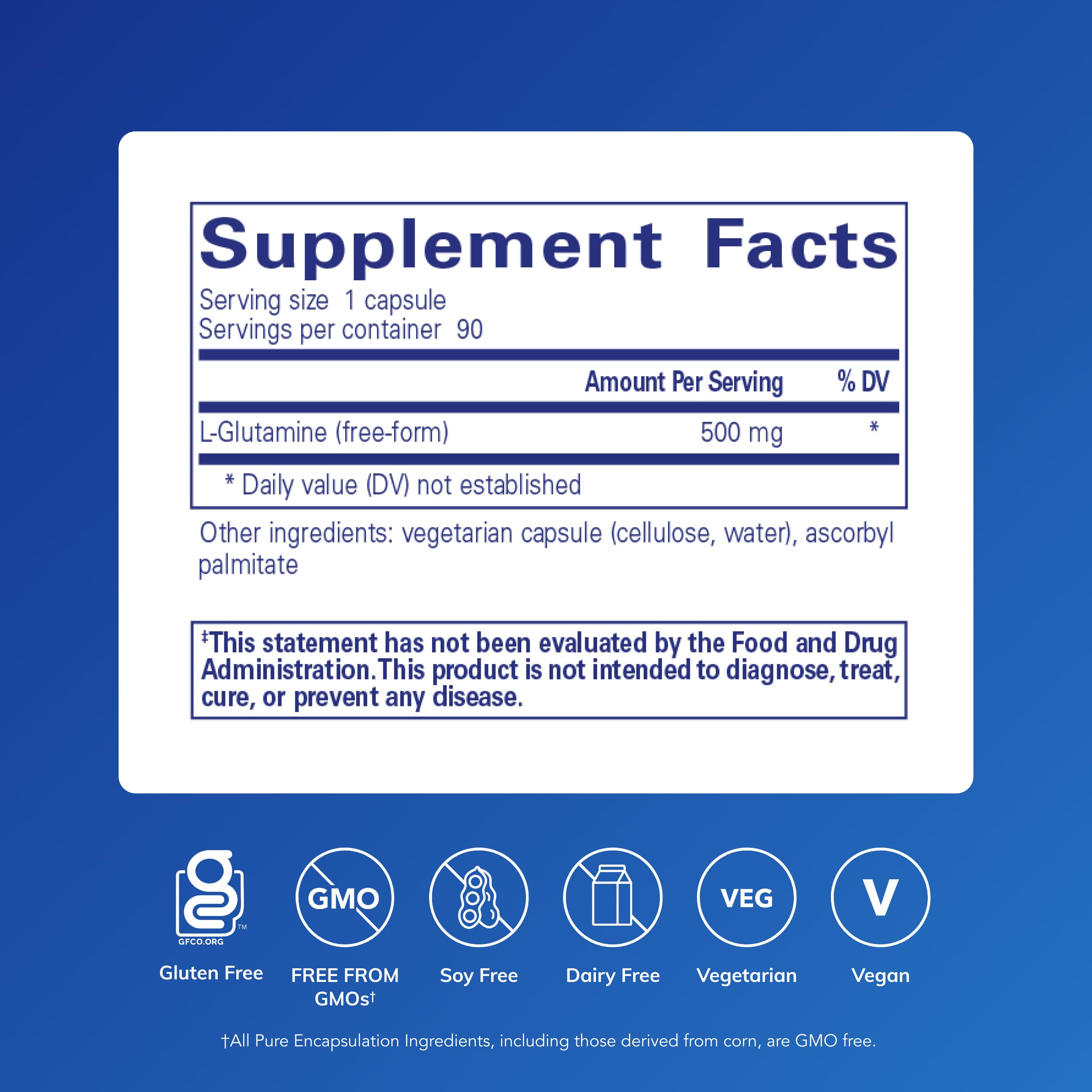 Pure Encapsulations L-Glutamine 500 mg: cápsulas formadas para uso diario