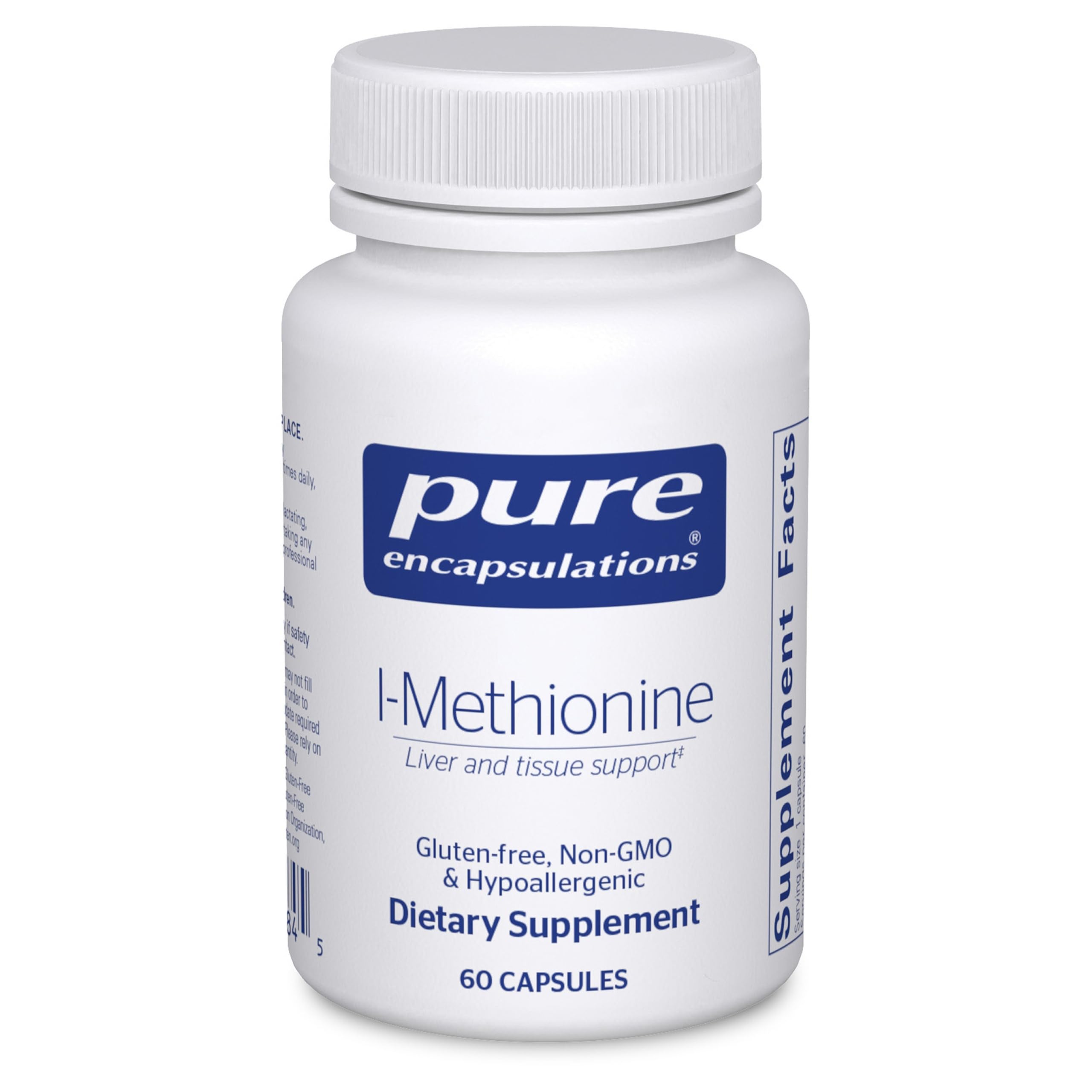 Pure Encapsulations L-metionina: botella de cápsulas para uso diario y apoyo antioxidante.