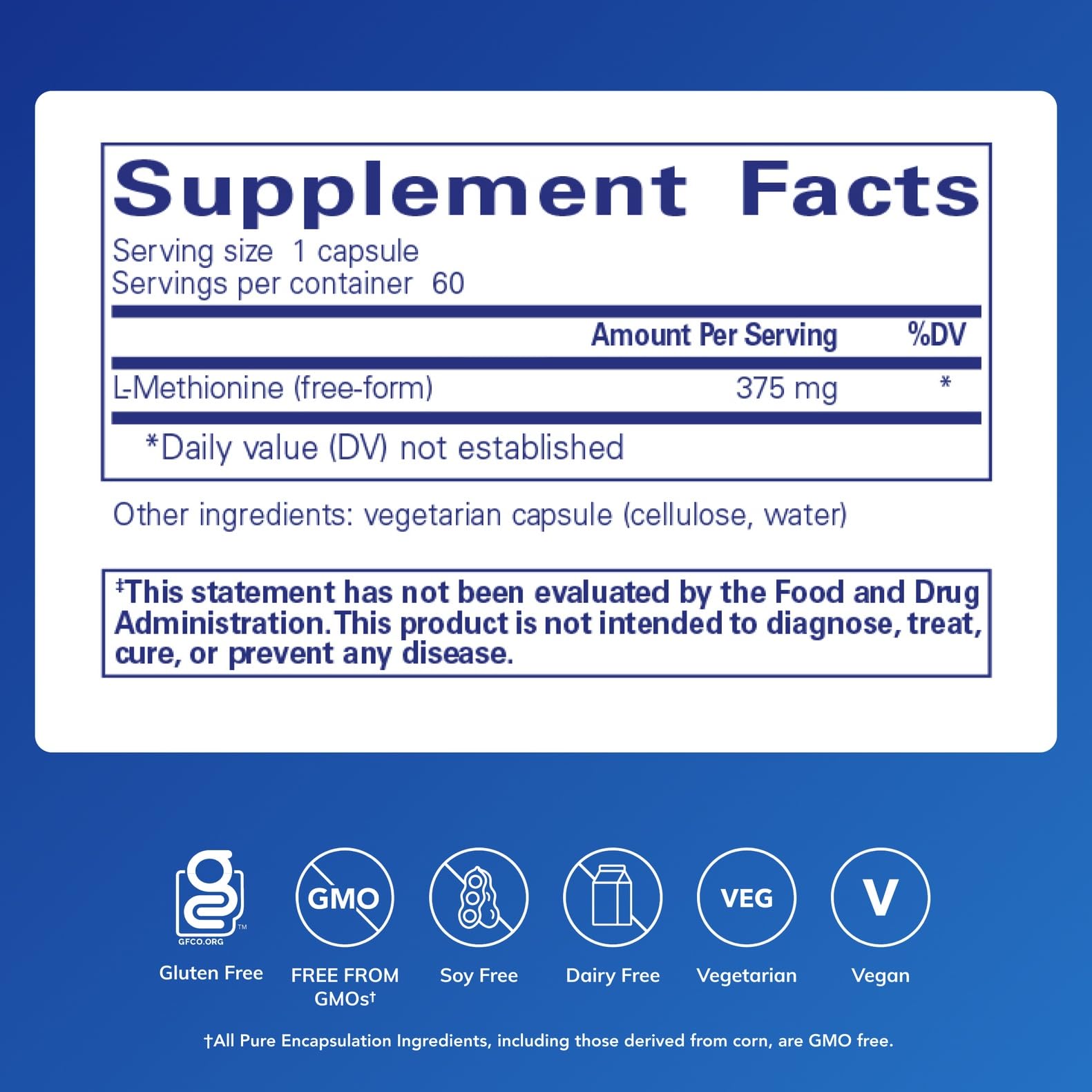 Pure Encapsulations L-metionina: cápsulas visibles para apoyar metabolismo celular.