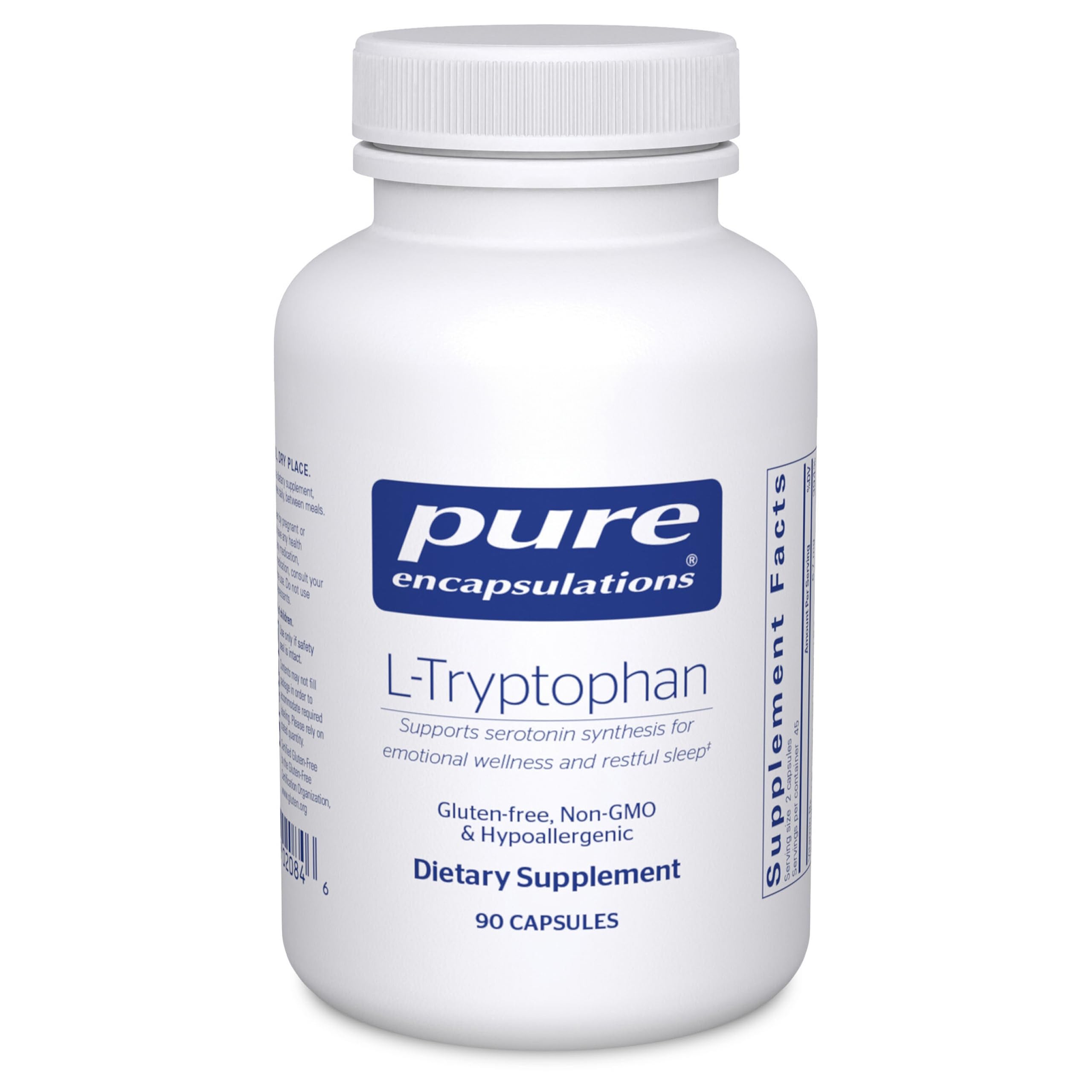 Pure Encapsulations L-Triptófano: botella, posible apoyo al sueño relajado.