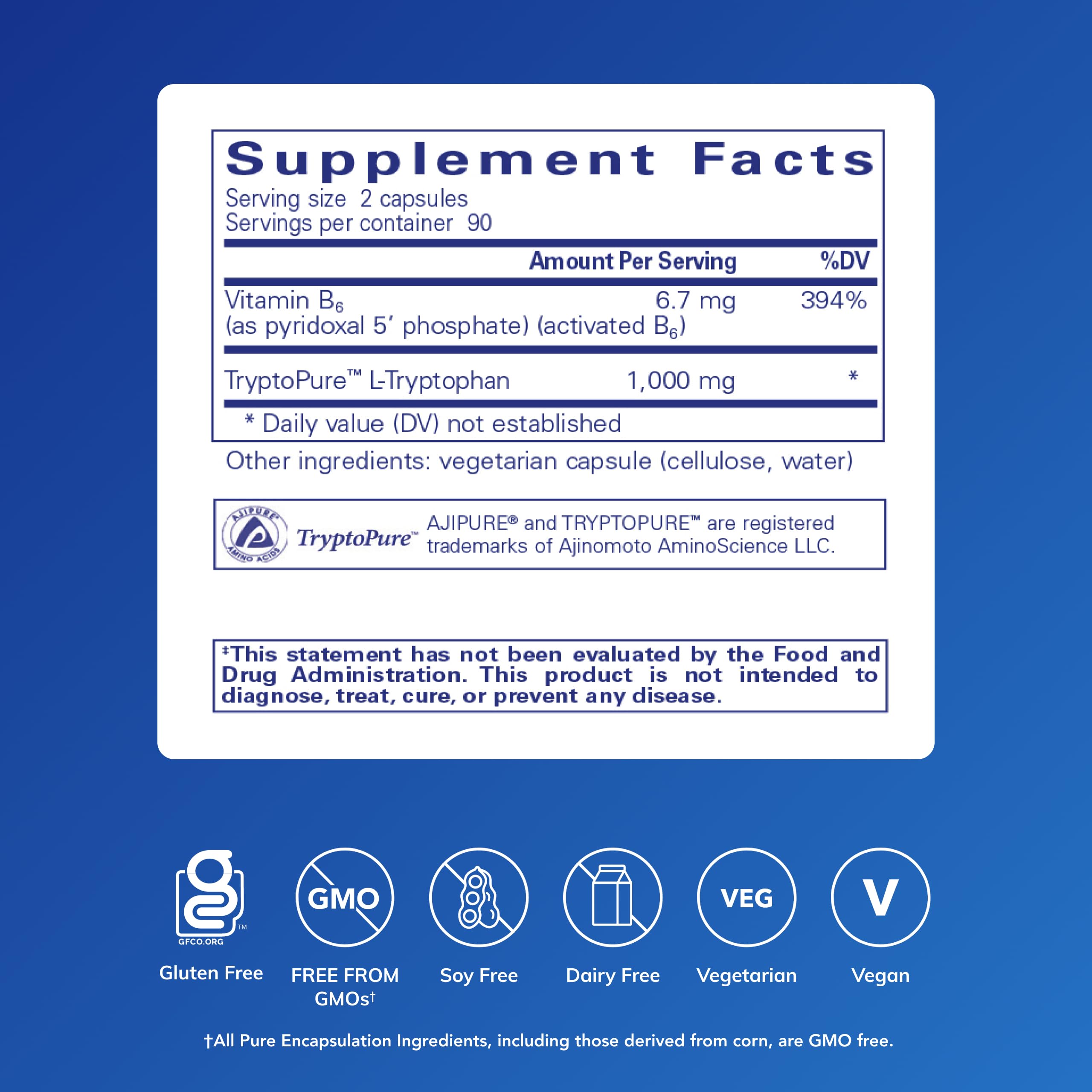 Pure Encapsulations L-Tryptophan con etiqueta que resalta calidad de ingredientes