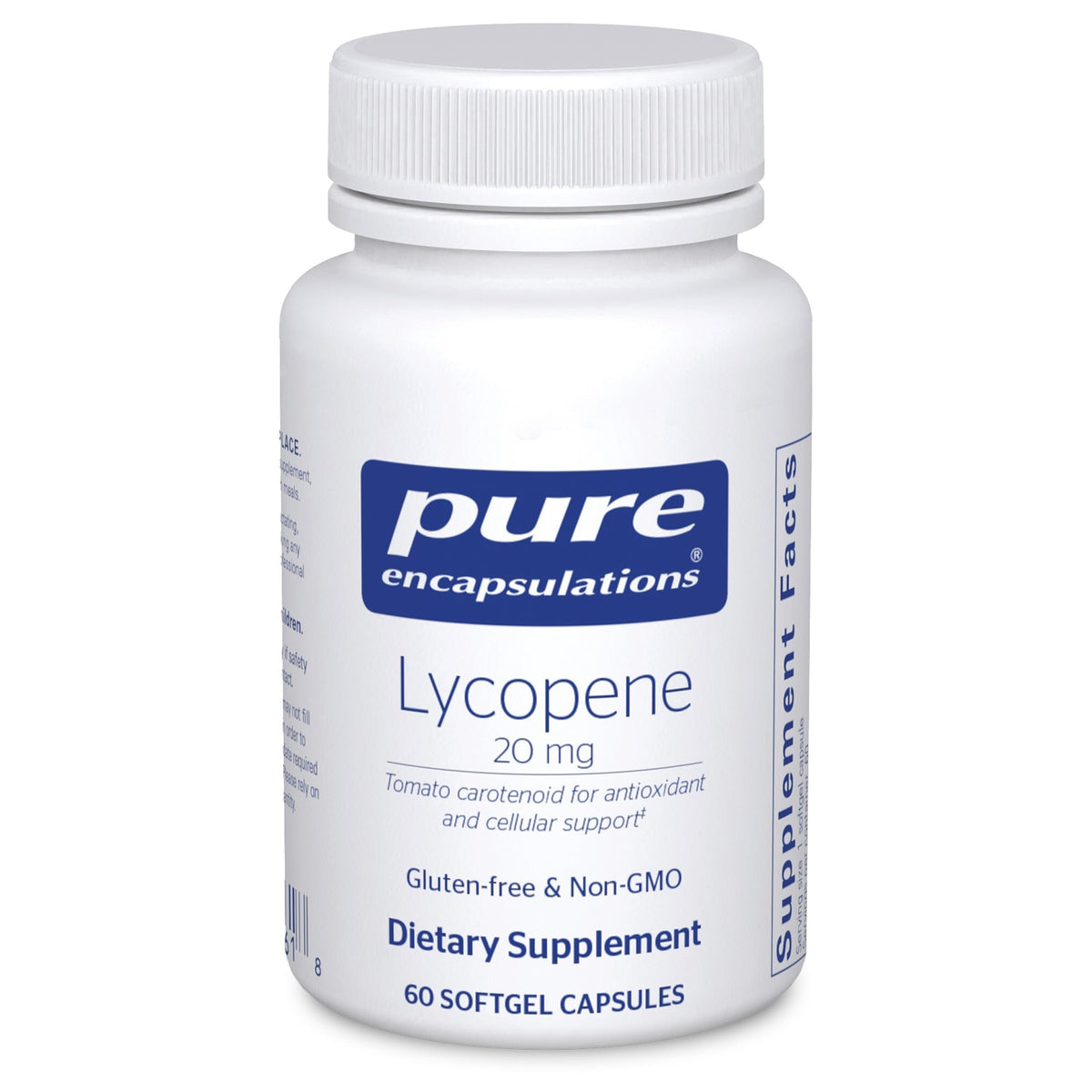 Pure Encapsulations Licopeno 20 mg: botella visible para apoyo antioxidante diario.