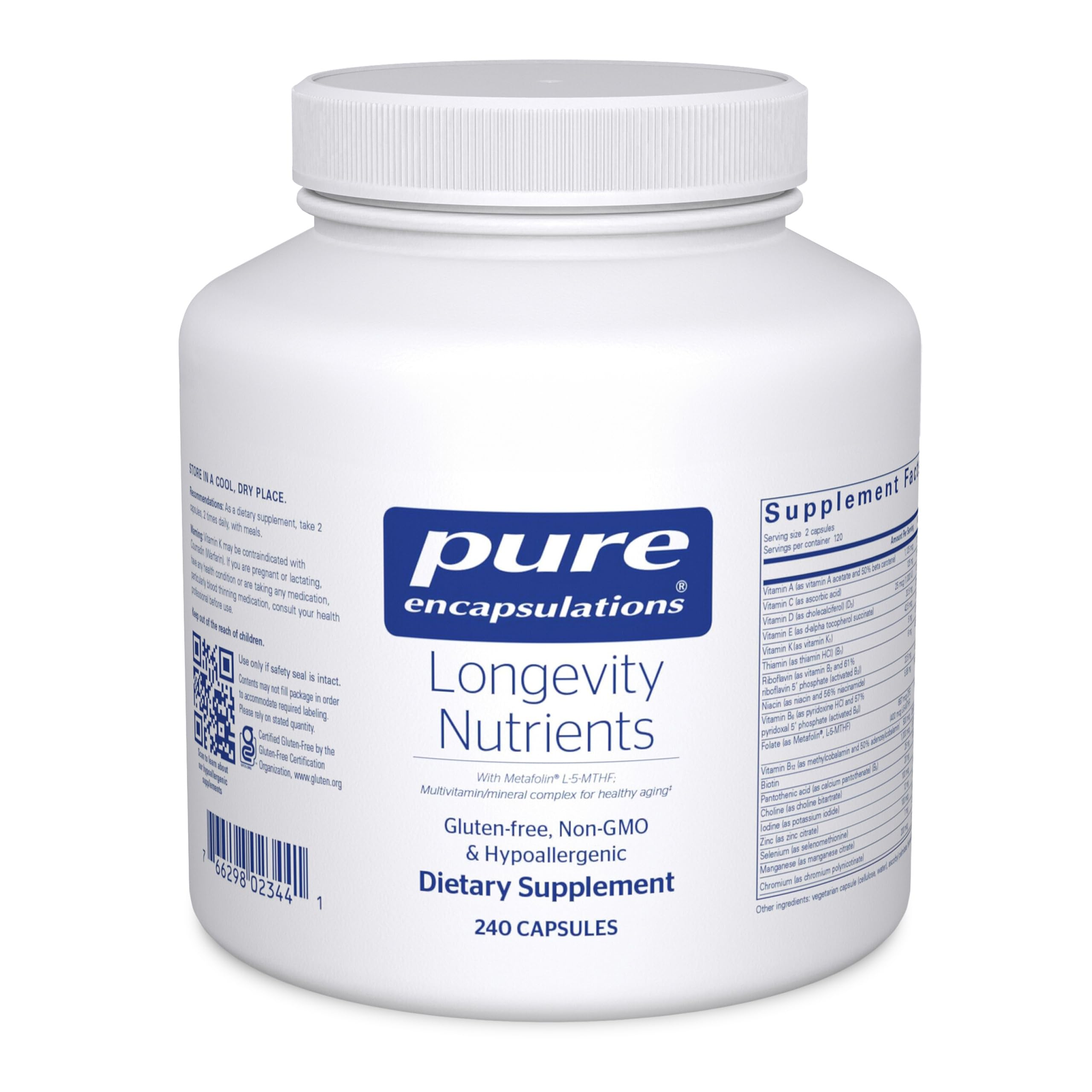 Pure Encapsulations Longevity Nutrients: botella con cápsulas para uso diario y bienestar
