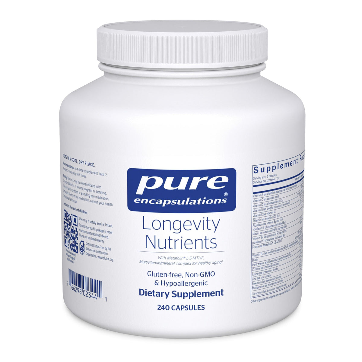 Pure Encapsulations Longevity Nutrients: botella con cápsulas para uso diario y bienestar