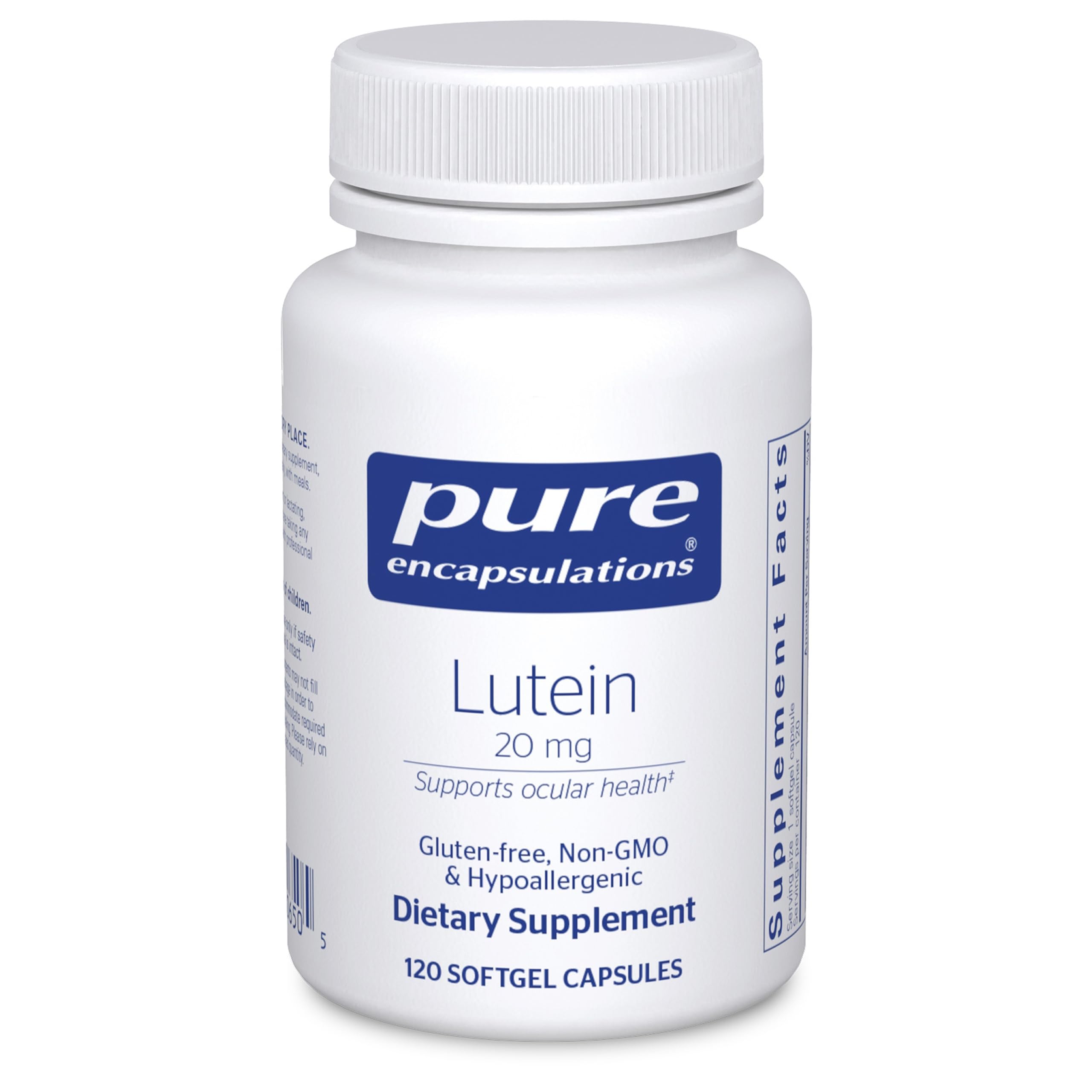 Pure Encapsulations Lutein 20 mg, botella visible, apoyo antioxidante para la visión