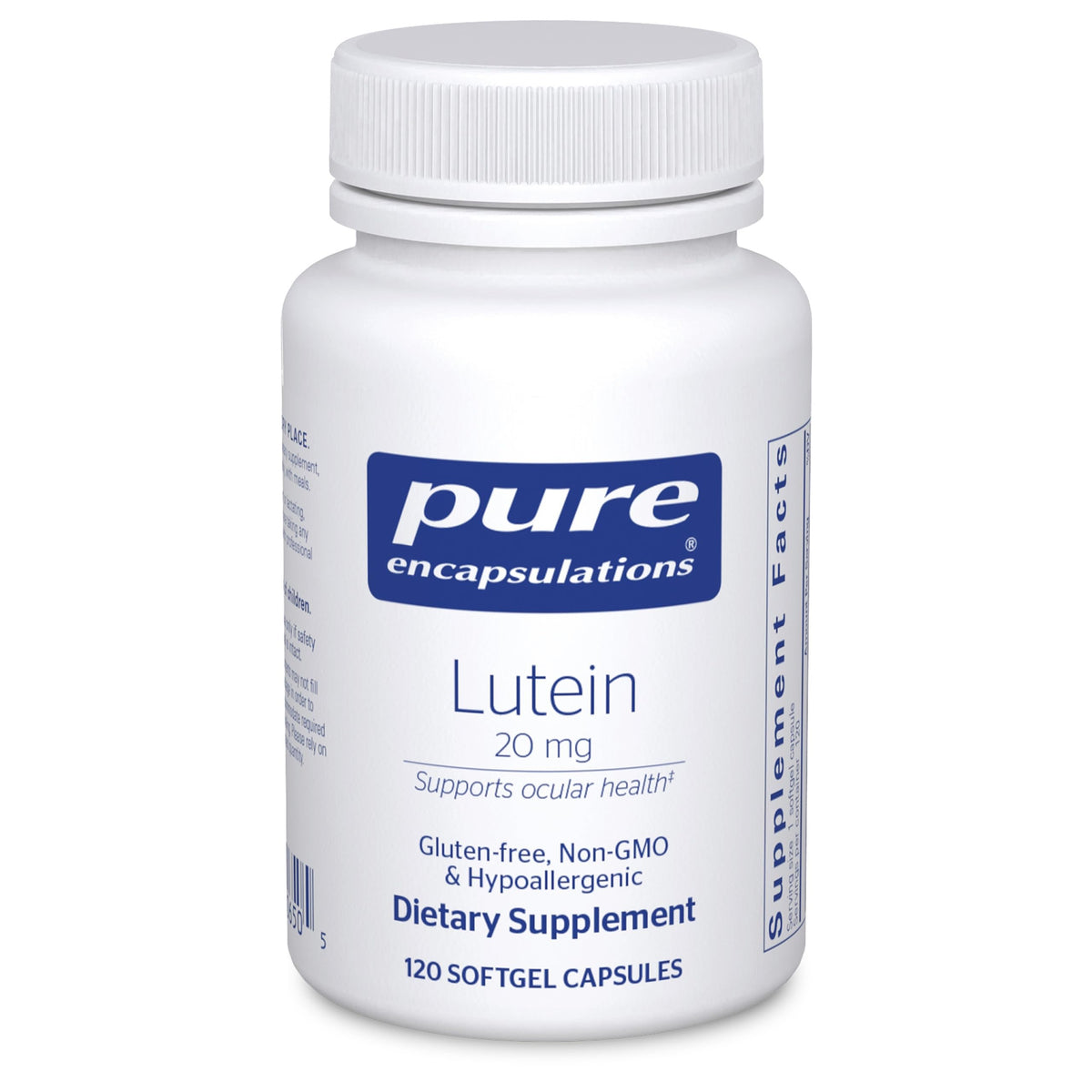 Pure Encapsulations Lutein 20 mg, botella visible, apoyo antioxidante para la visión